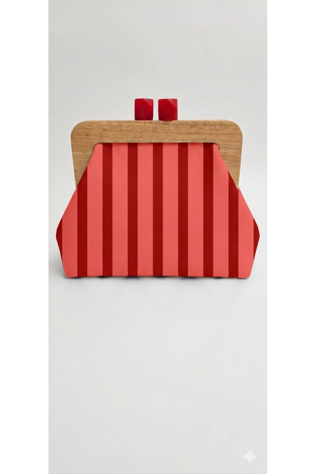 handedizayn Kırmızı TonSürton Çizgili Model Ahşap Burslu Zincir Askılı Clutch Omuz Çantası