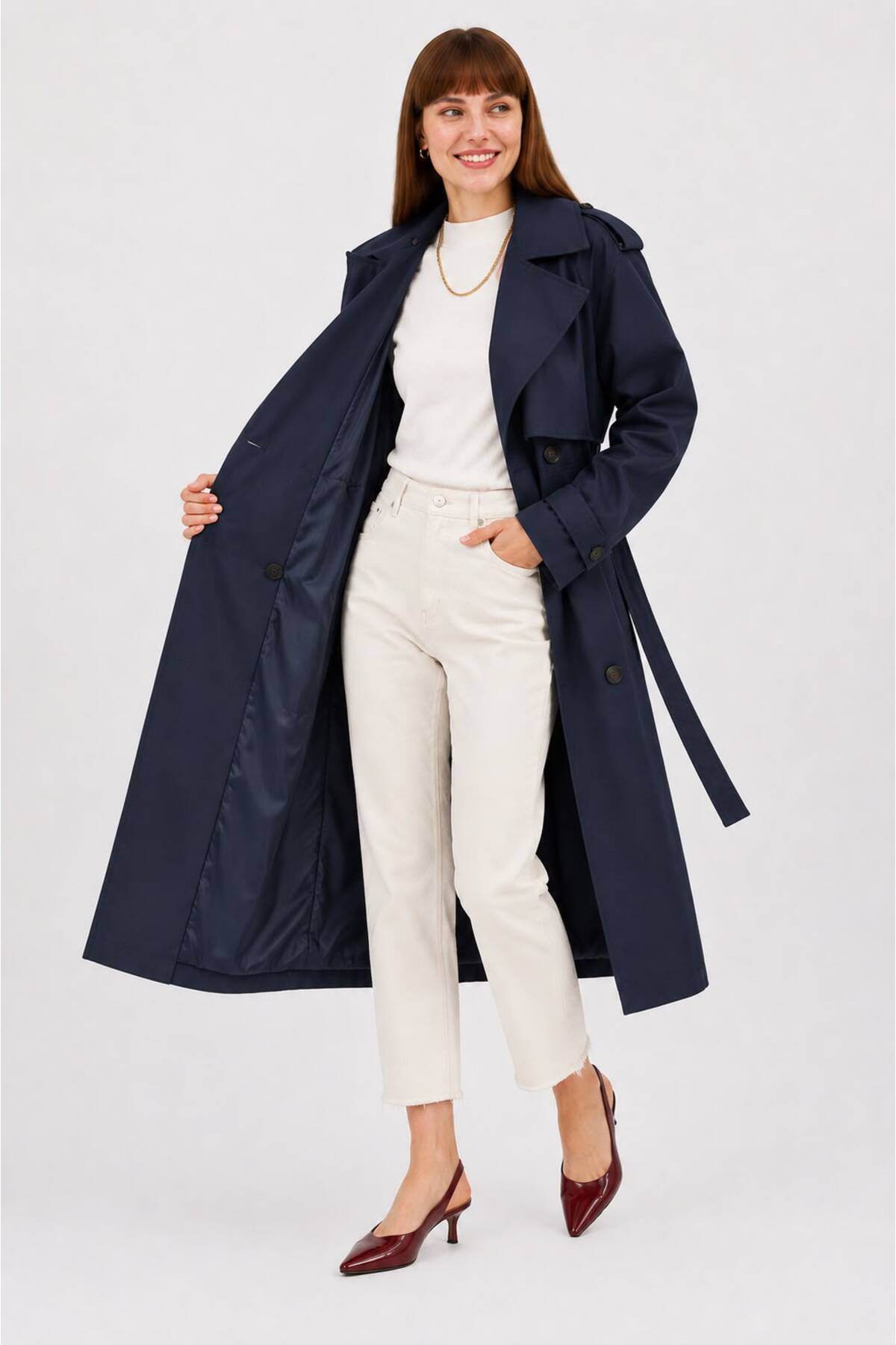 RESSHO Kadın Kemerli Uzun Trençkot, Su Geçirmez, Astarlı, Oversize Model görsel 2