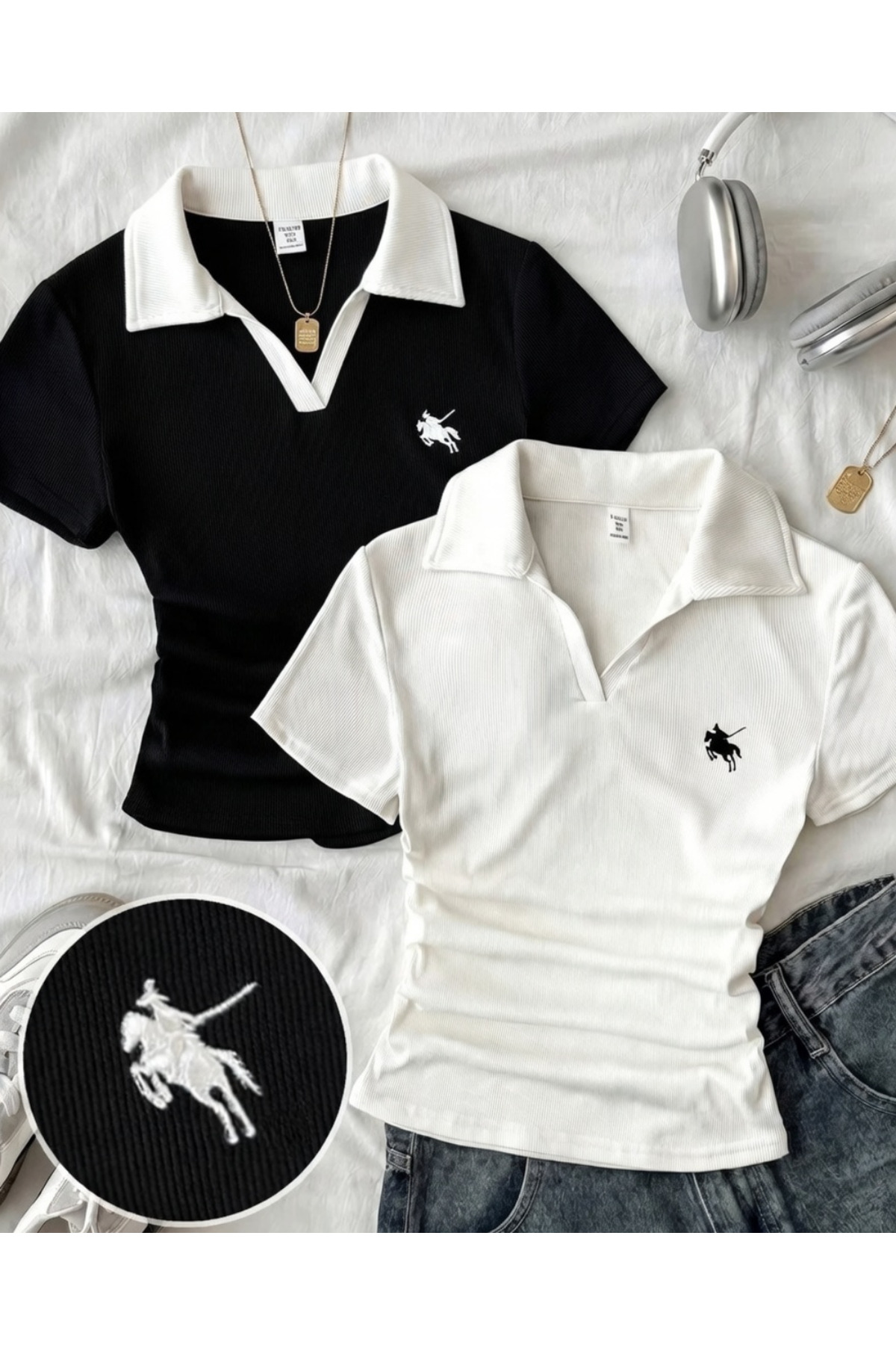Toum  2'li Siyah & Beyaz Soul Polo Yaka Nakışlı Büzgülü Bluz