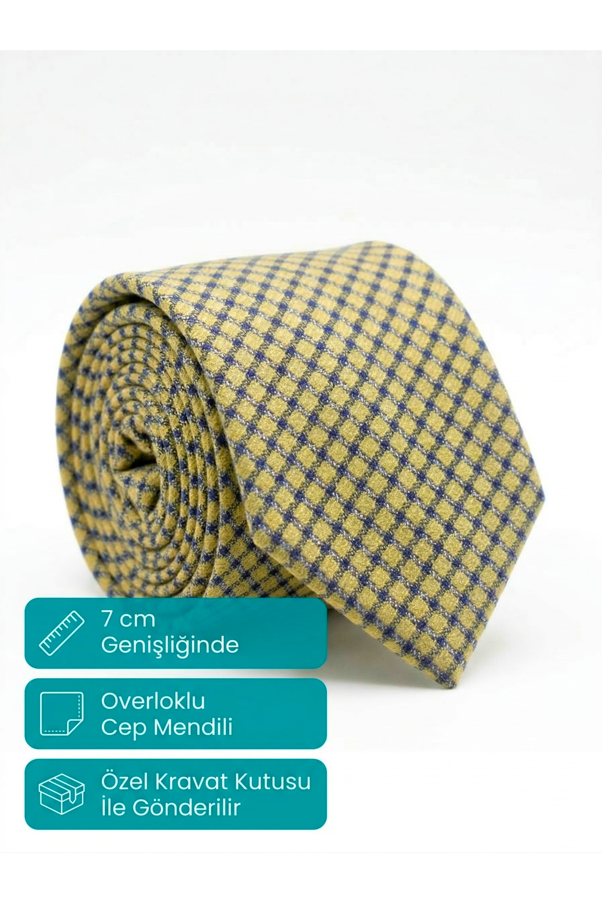 Elegante Cravatte Erkek Sarı Lacivert Kare Desenli Dokulu Kravat ve Cep Mendili Seti - 7 cm Modern Genişlik görsel 2