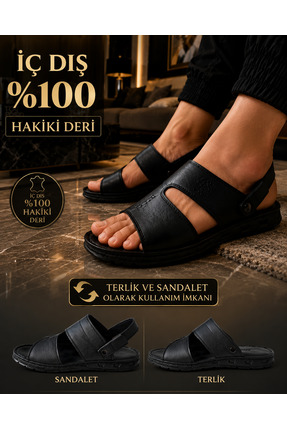 CookaShoes Cooka Shoes Erkek Siyah Hakiki Deri Sandalet Terlik – İç Dış %100 ...