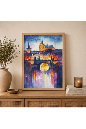 Bourdua Design Prag'ın Büyüsü | Suluboya Gece Manzarası Duvar Sanatı