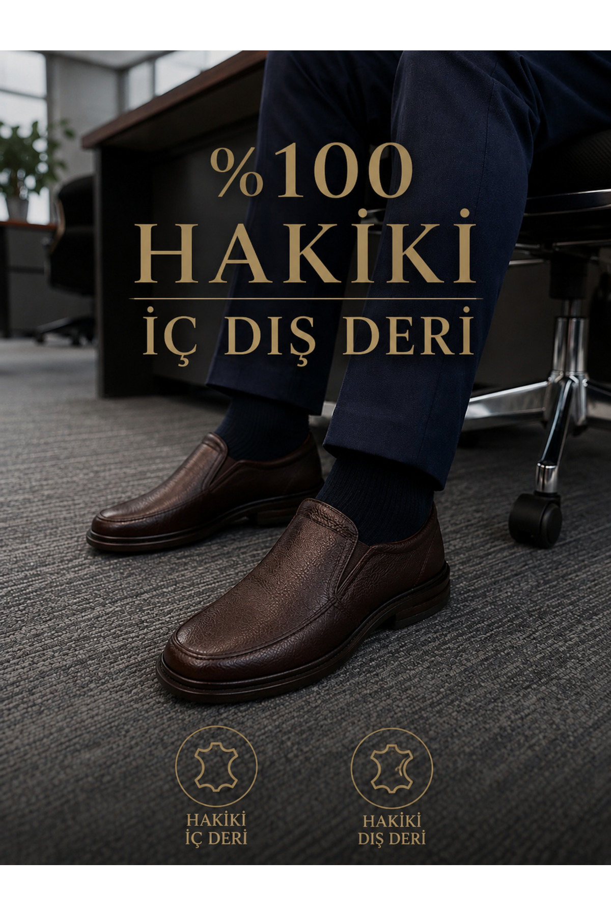 Hakiki Deri Erkek Klasik Günlük Ayakkabı – Ortopedik Tabanlı Rahat Ofis/Baba Ayakkabısı Kahverengigi