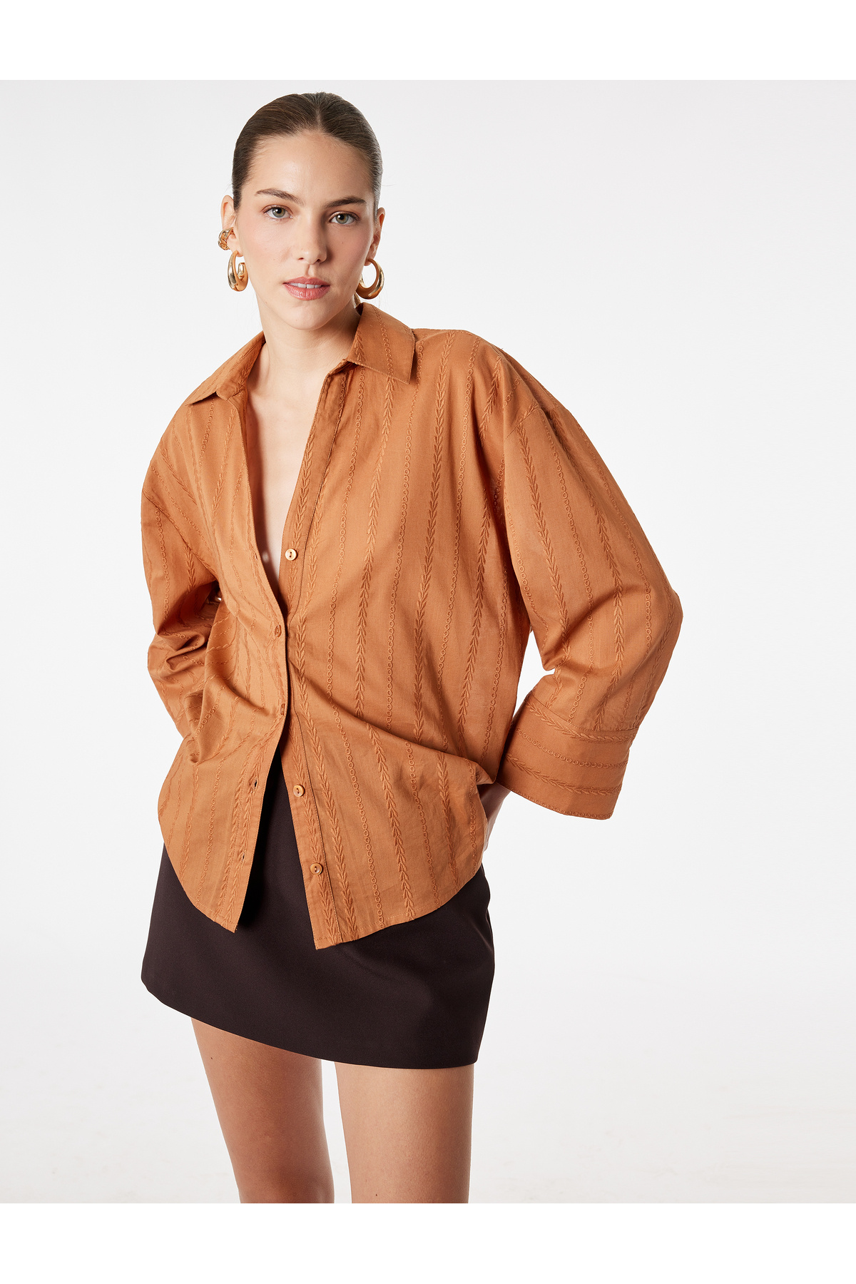 Koton Cotton Long Sleeve Embroidered Oversize Poplin Shirt with Embroidery Detail