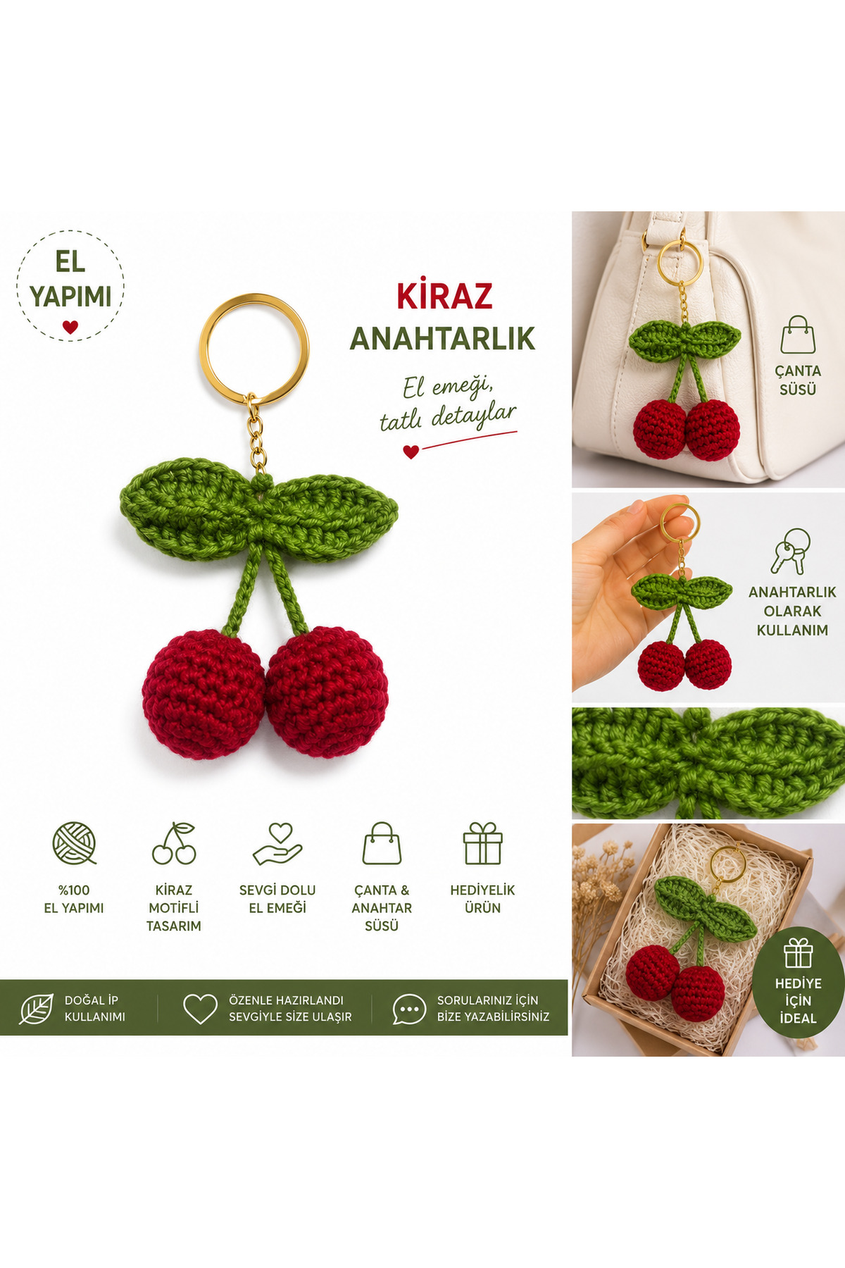 BELVORA ATELİER El Yapımı Örgü Kiraz Anahtarlık – Amigurumi Meyve