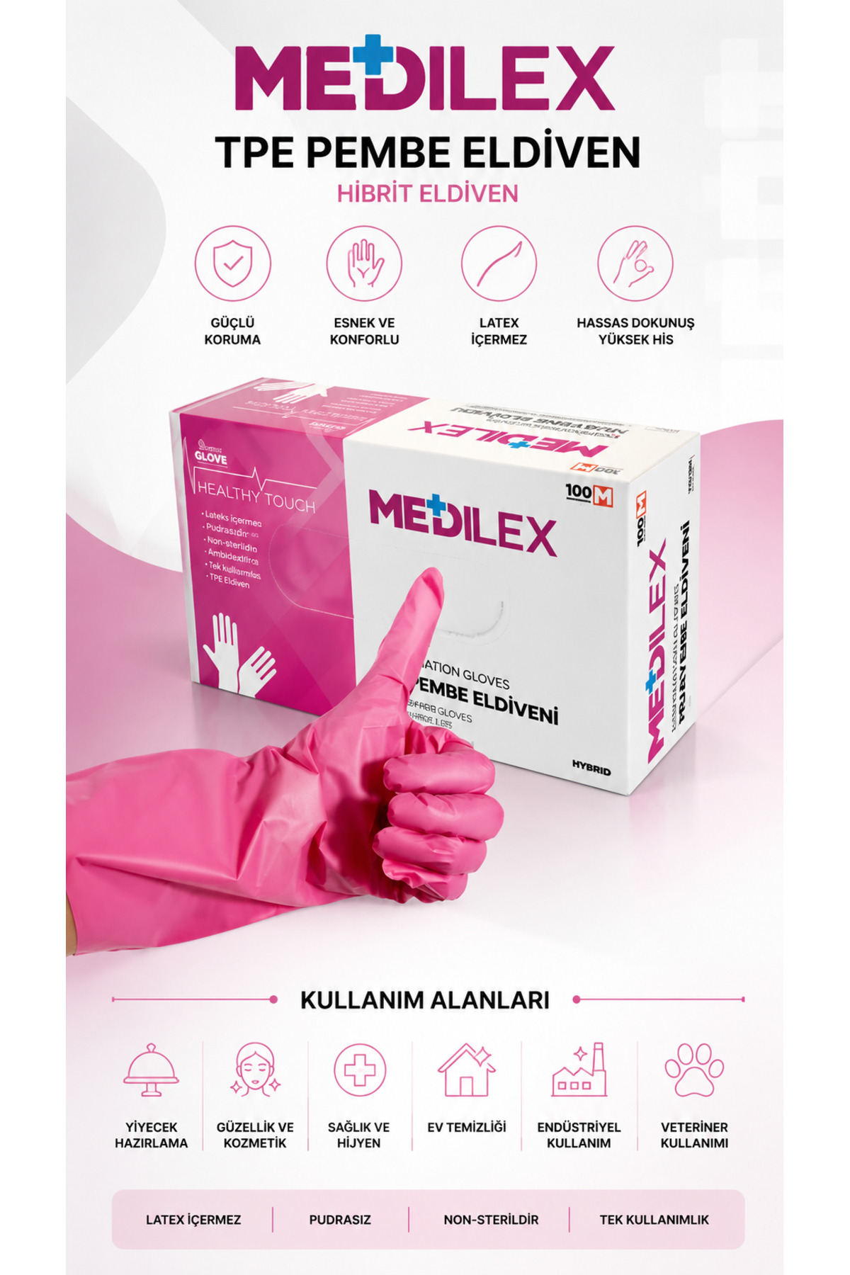 Medicalx Flex Tpe Hibrit Pudrasız Pembe Eldiven 100 Adet / M Beden