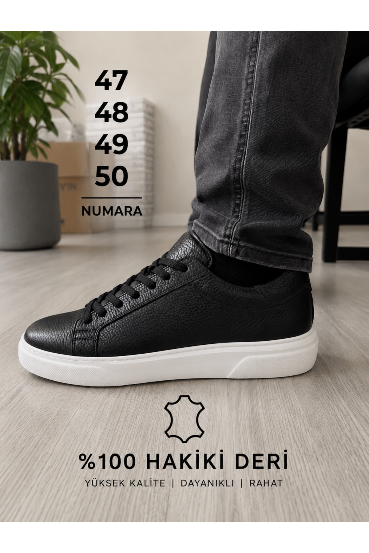 Cooka Shoes Büyük Numara Erkek Sneaker %100 Hakiki Deri Siyah Günlük Ayakkabı 47 48 49 50 Numara
