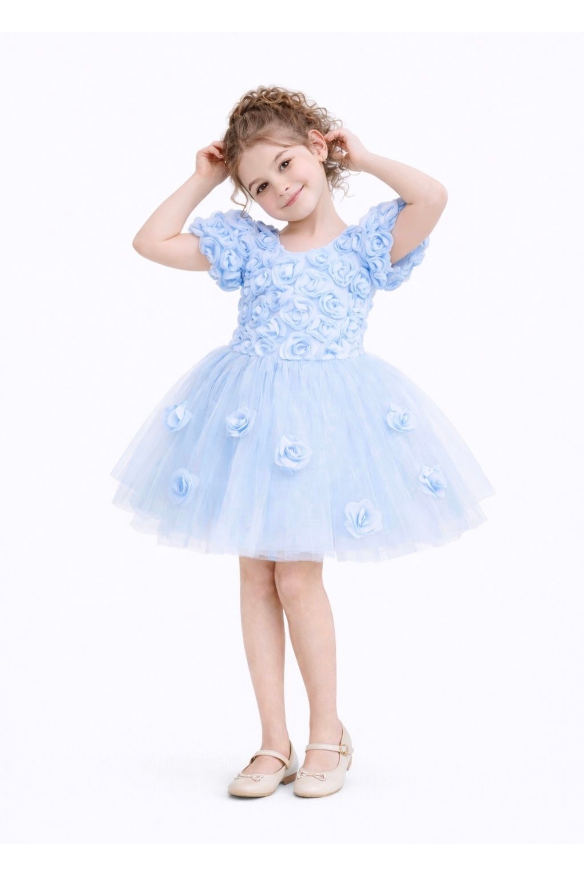 JuraKids Kız çocuk abiye mavi renk yeni sezon balon kol abiye