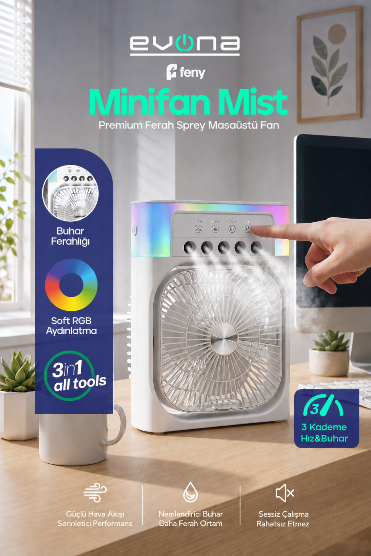 3in1 Masaüstü Fan 3 kademeli Ferah Nemlendirici Buharlı Rgb Aydınlatmalı Vantilatör