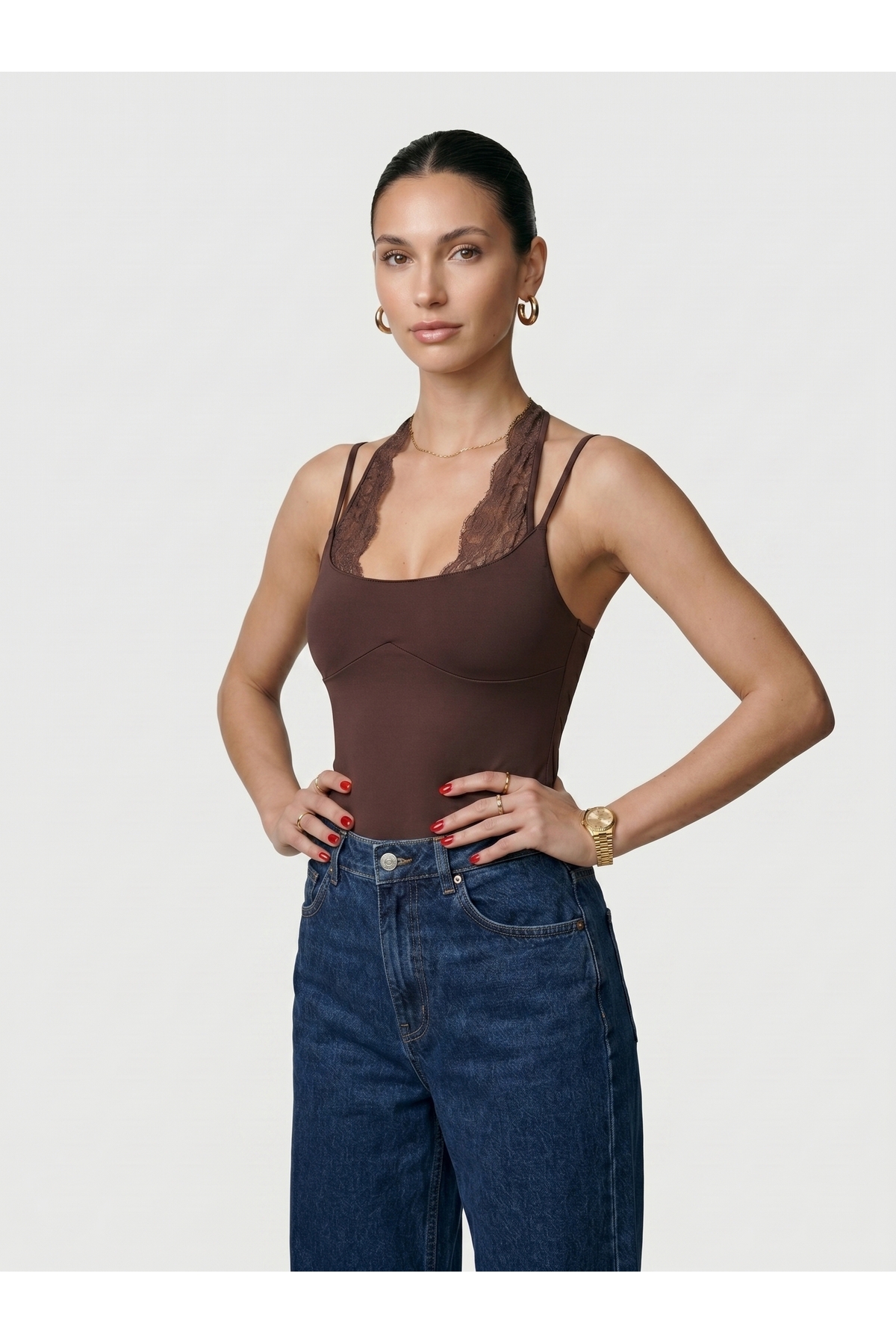 Kadın Dantel Yaka İnce Askılı Çıtçıtlı Body Slim Fit Dar Kalıp Likralı Bodysuit - Kahverengi 3