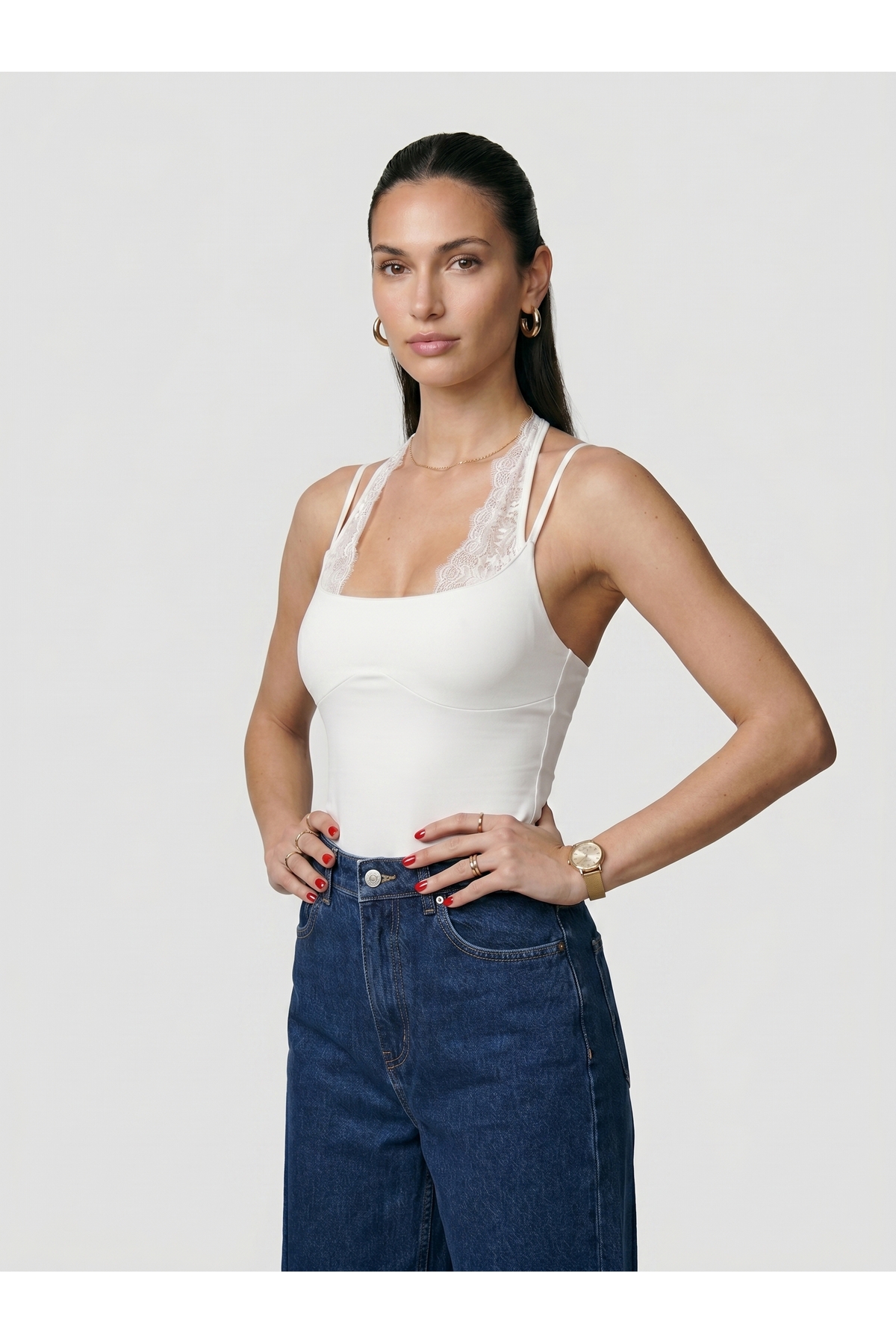Kadın Dantel Yaka İnce Askılı Çıtçıtlı Body Slim Fit Dar Kalıp Likralı Bodysuit - Beyaz 3