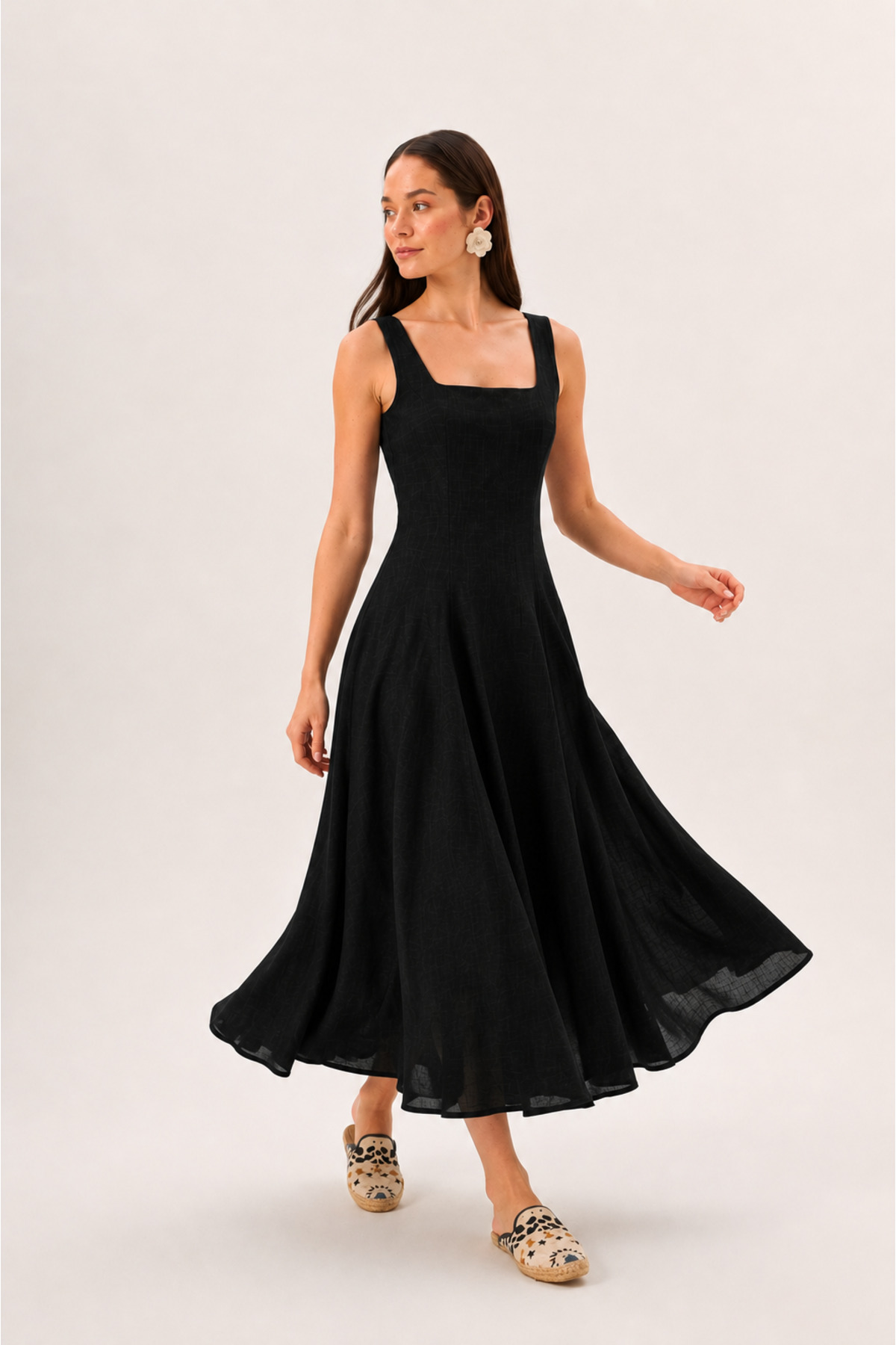 LADYA COLLECTION Black Linen Strap Square Neck A-Line Panel Detailed Cotton Midi Dress