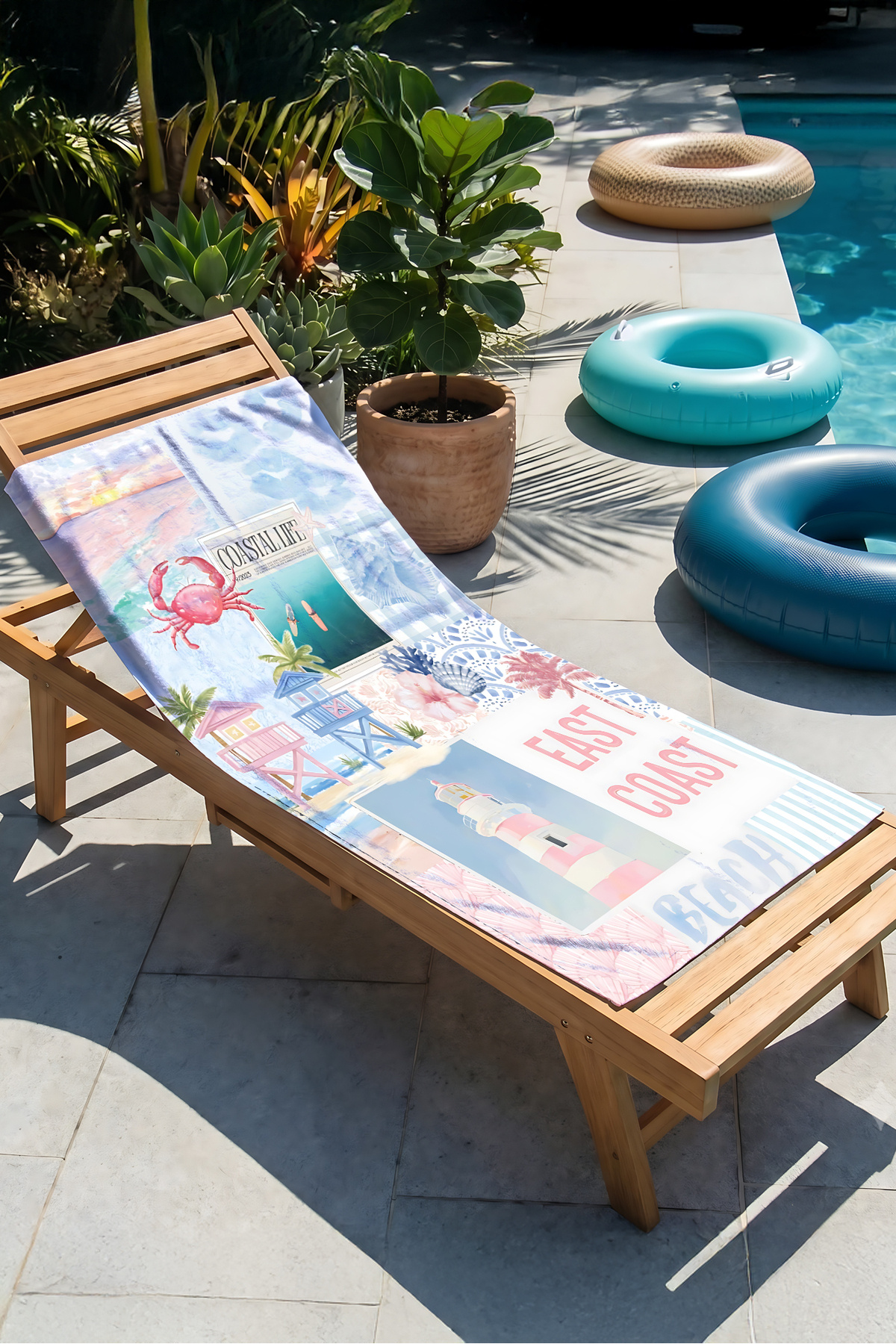 Seashell Lantern and Marine Beach Towel - Pastel Mediterranean Beach Themed Quick Drying Towel Cover