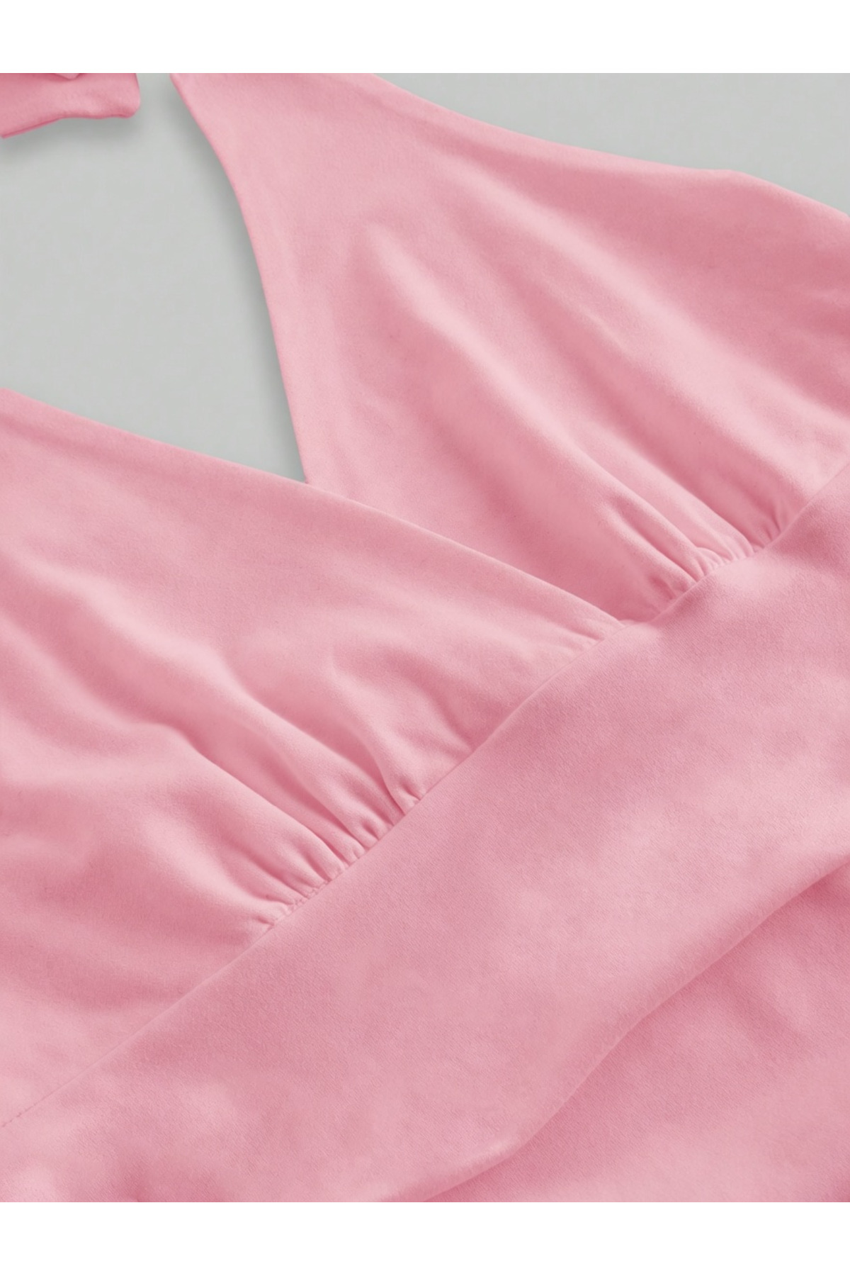 Wildco  Şeker Pembe Boyundan Bağlamalı Crop Bluz, Kadın Derin V Yaka Yazlık Toz Pembe Bluz - Görsel 3