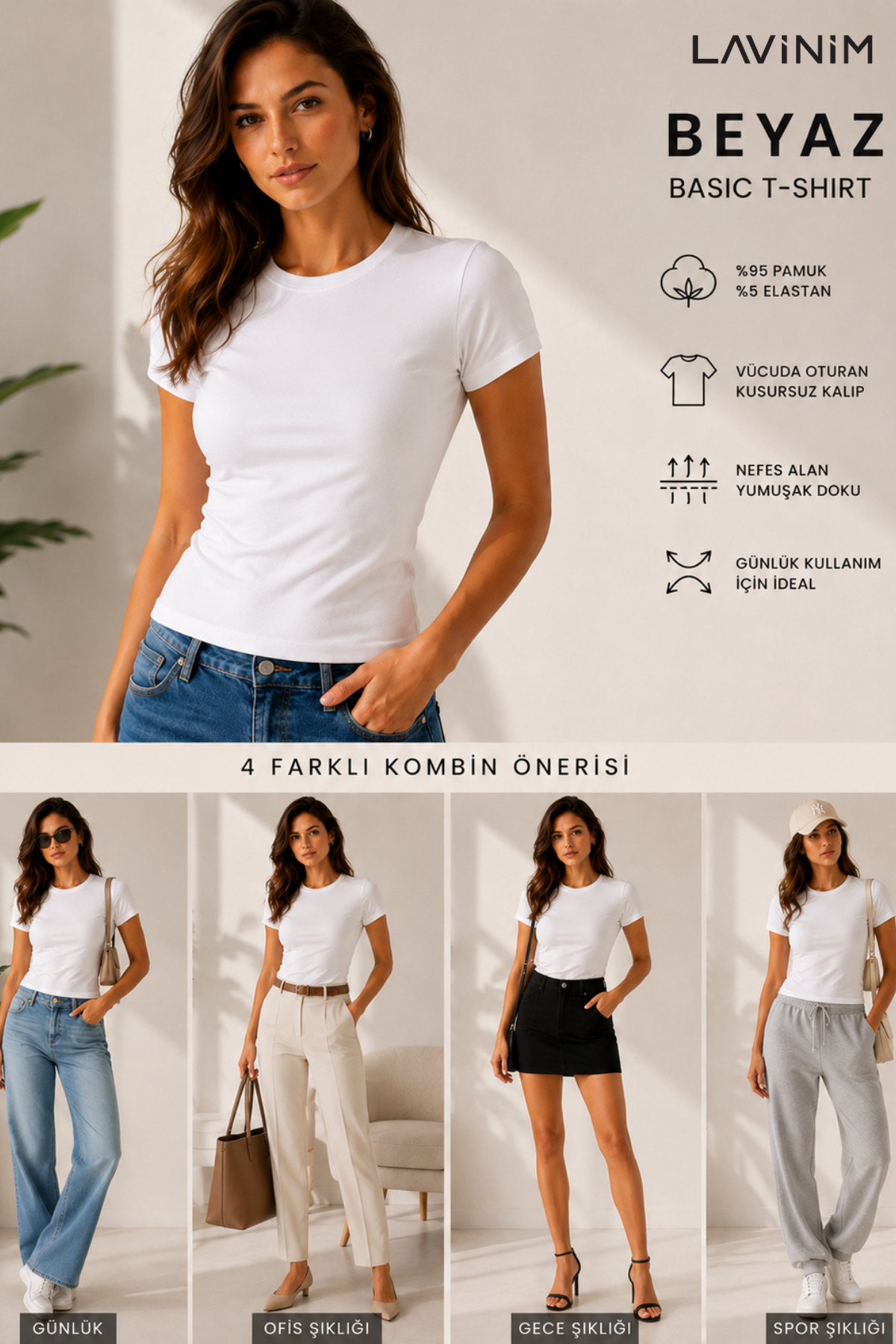 LAVİNİM  Kadın Ultra Soft Pamuk Sıfır Yaka Body Slim Tişört - Görsel 4