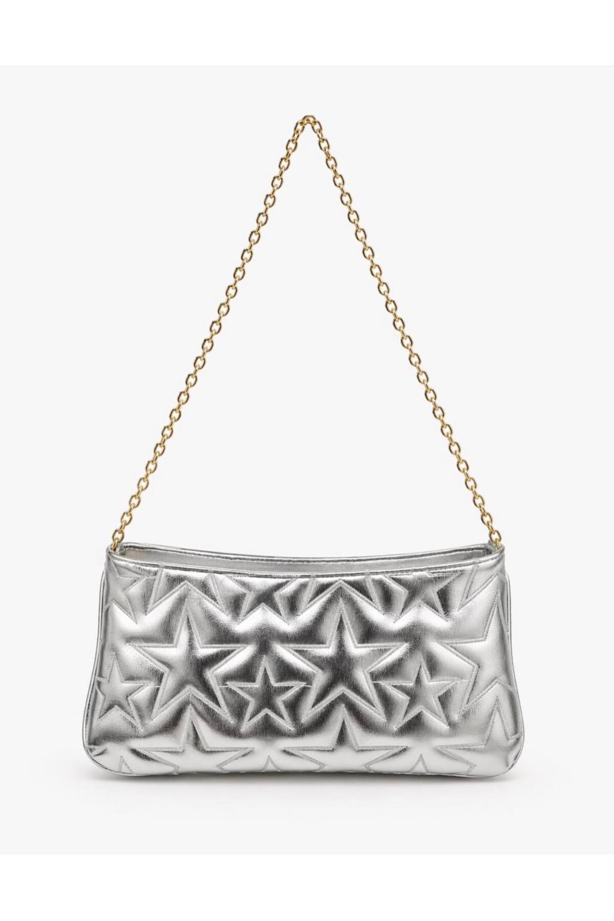 Gümüş Yıldız Desenli Portföy & Clutch Zincirli Baget Kadın Çantası