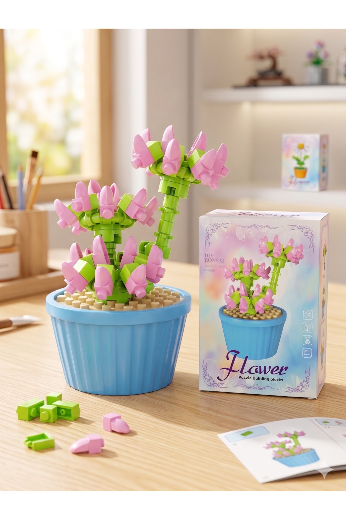 Arvela Mini Çiçek Yapım Blokları - DIY Pembe Sukulent Saksı Çiçeği