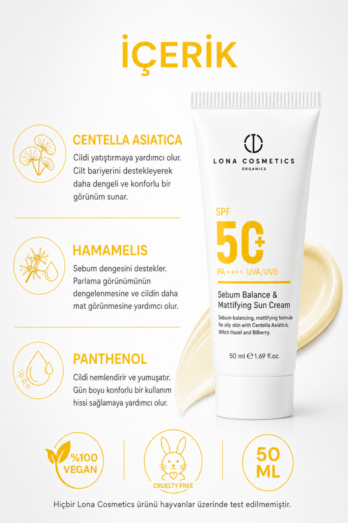 Yağlı ve Karma Ciltler İçin Matlaştırıcı SPF 50 Güneş Kremi 50 ml — LONA-SPF50-MAT-50ML — تصویر 5 از 7