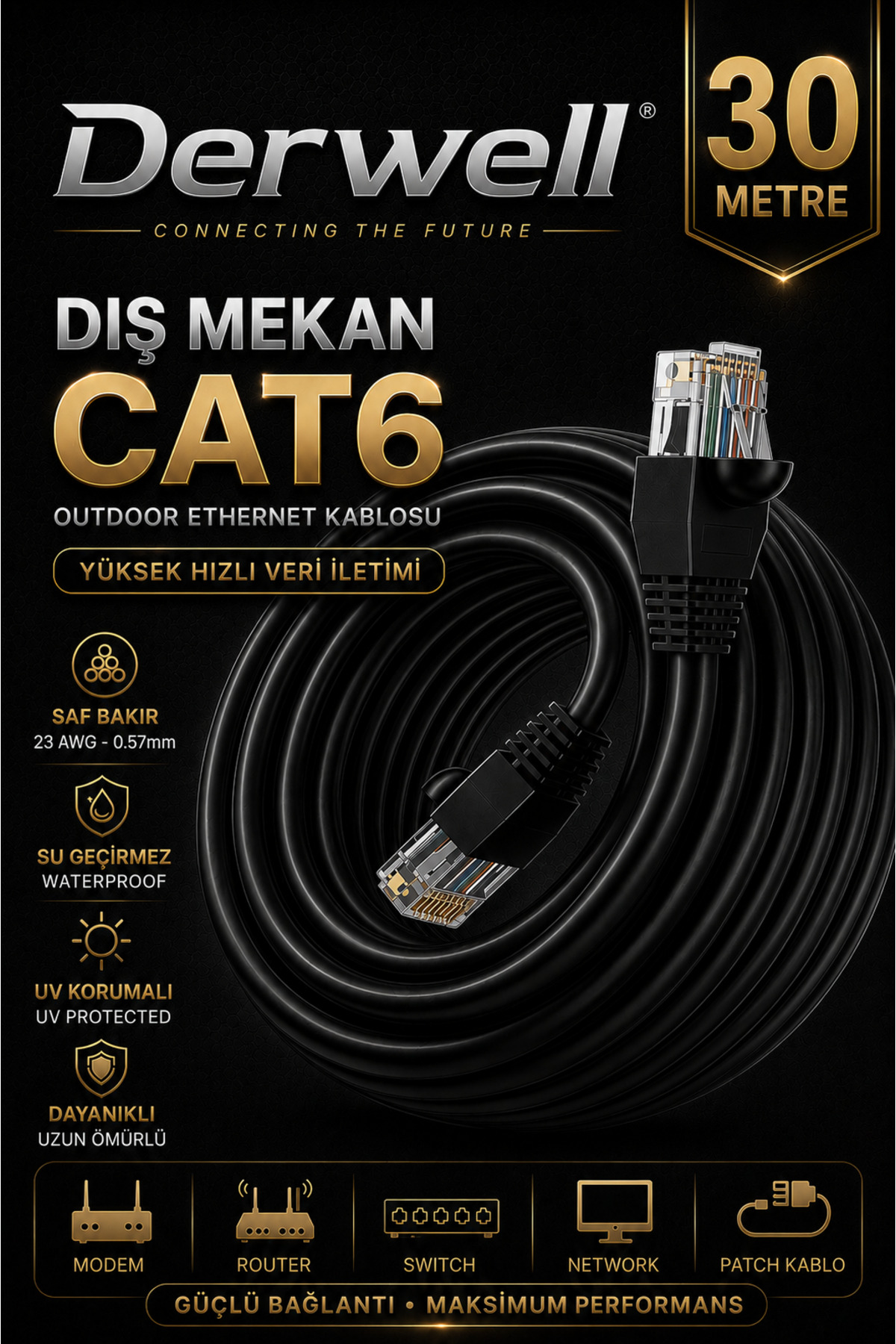 30 METRE CAT6 Dış Mekan Outdoor Ethernet Kablosu 23 AWG 0.57mm Kalın Saf Bakır İnternet Ağ Kablosu Yüksek Hızlı Veri İletimi Su Geçirmez UV Korumalı Dayanıklı Siyah Modem Router Switch Patch Kablo