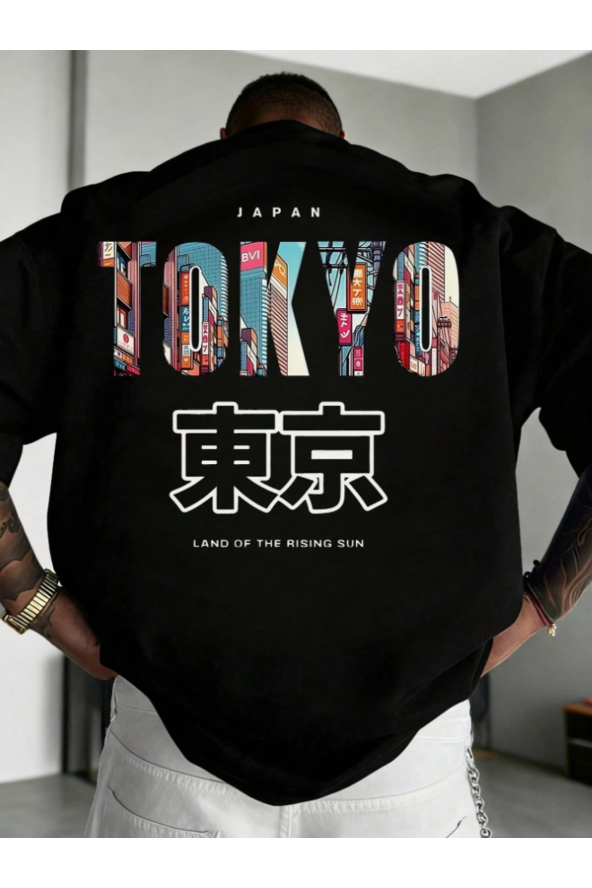 Revasser Unisex Erkek/Kadın Renkli TOKYO Renkli Özel Baskılı Oversize Sıfır Yaka Penye T-Shirt