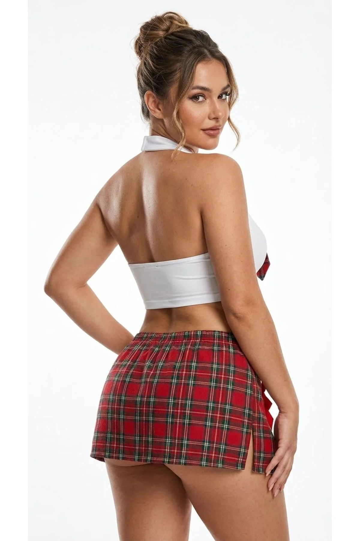 Plus Size Kırmızı Kareli Kostüm Set - Boyundan Bağlamalı Büstiyer Takım 5