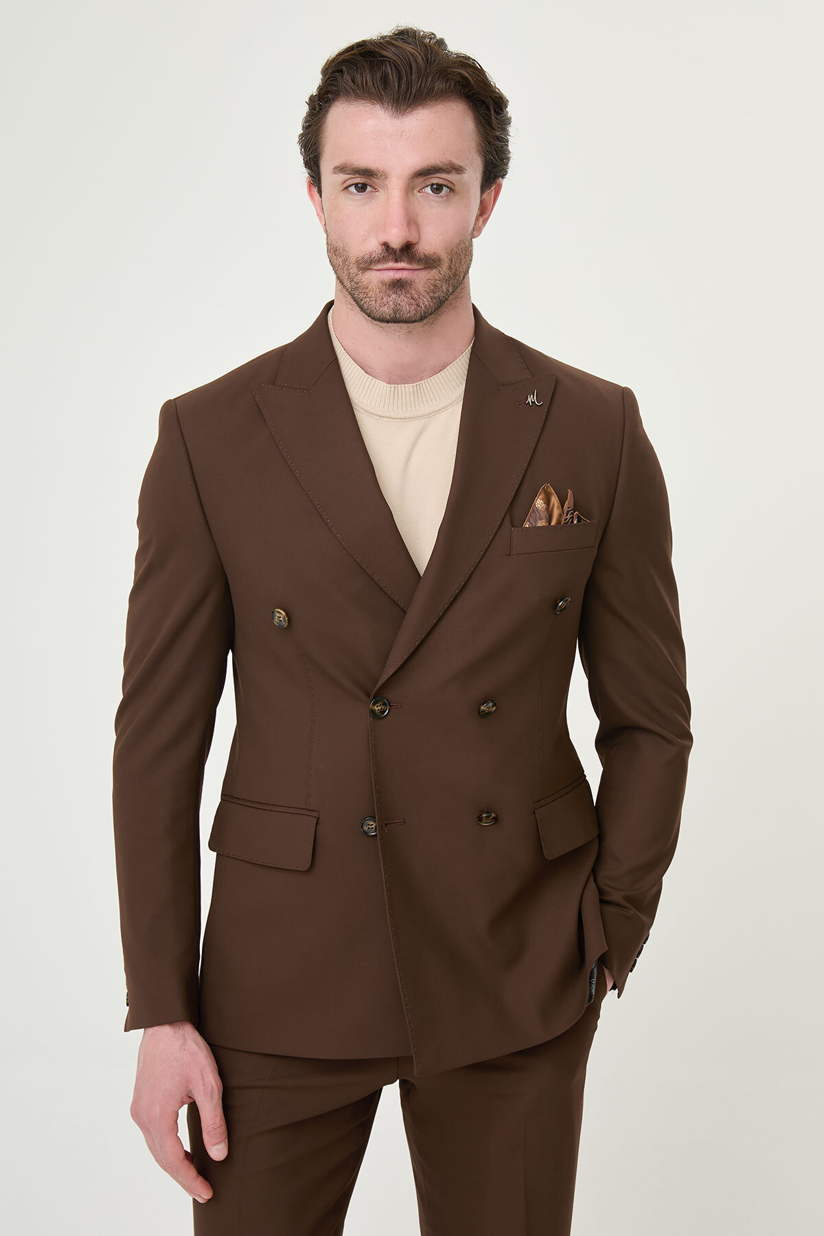Mcr Straight Slim Fit Wide Collar Double Breasted Men's Suit Light Brown - 45476.26Y