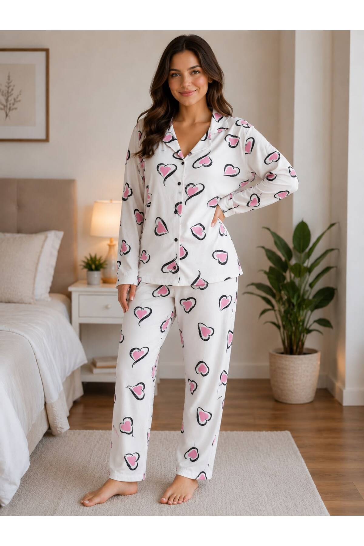 FAMES PİJAMA Seasonal Viscose Buttoned White Women's Pajama Set
