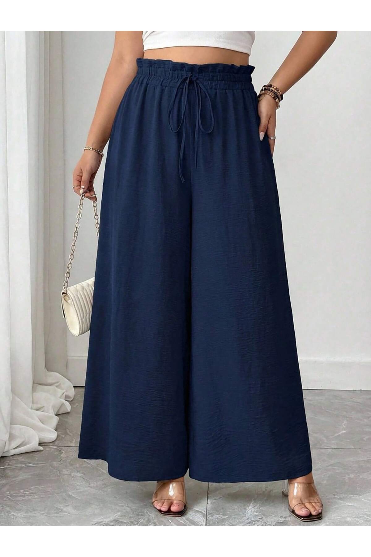 tuzu moda Büyük Beden Pantolon Bol Paça Büyük Beden Beli Lastikli Pantolon görsel 3