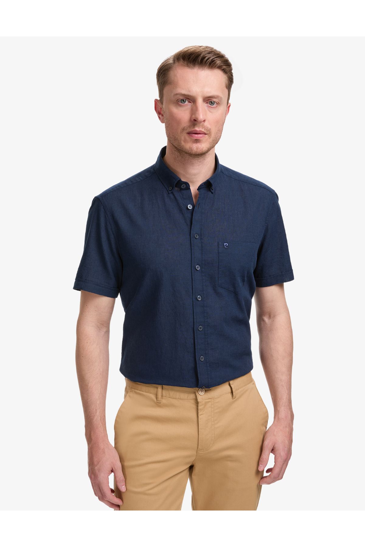 Pierre Cardin Lacivert Keten Karışımlı Regular Fit Kısa Kollu Gömlek 50325340-VR033