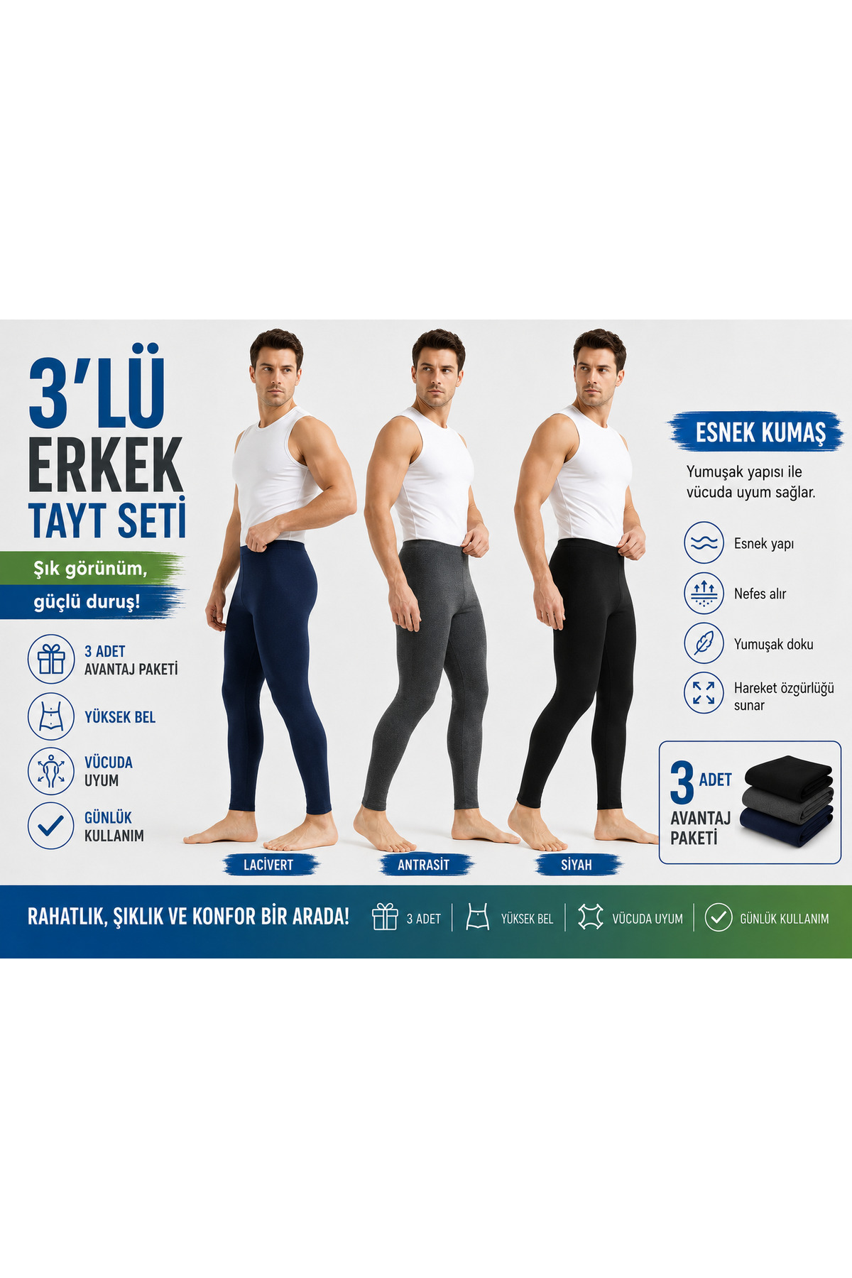 Isıl Termal | Erkek Termal Tayt 3 'lü İçleri Pamuklu Set ANTRASİT ,SİYAH ,LACİVERT ( 3 ADET ) görsel 7