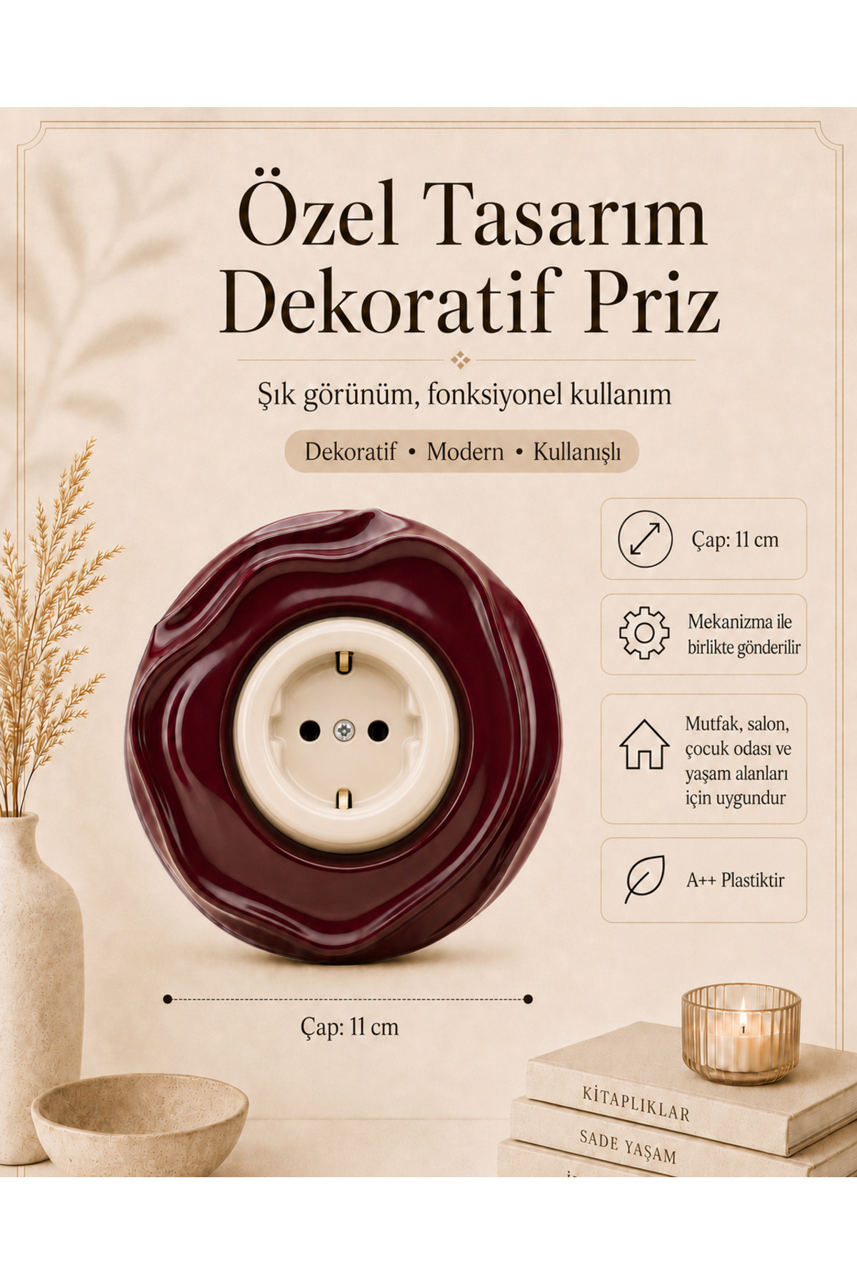 Özel Tasarım Wavy Serisi Dış Bordo İç Krem Dekoratif Priz A Kalite Plastik (Mekanizma Dahildir)