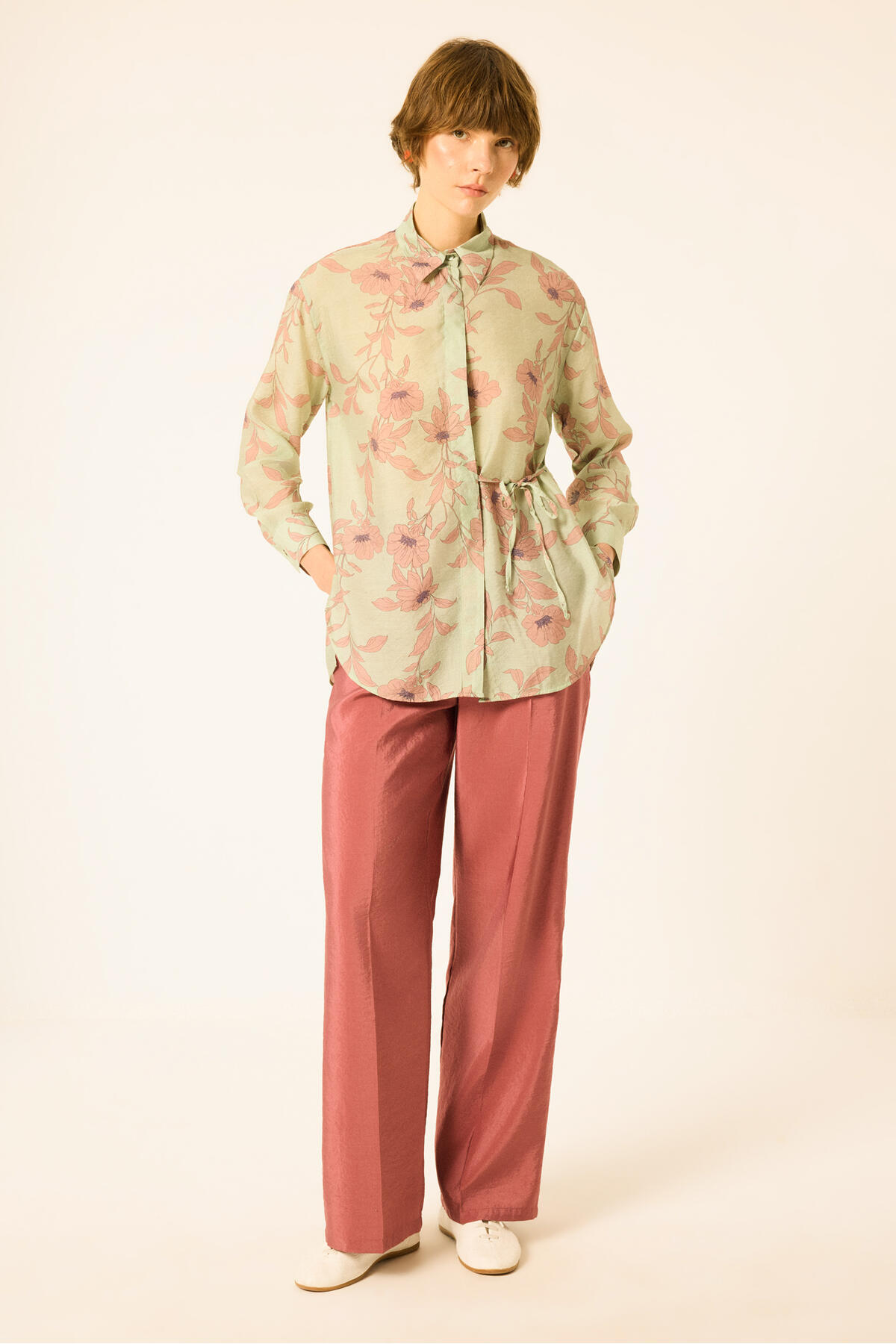 Touche Prive Flower-Patterned Shirt with Tie-Up Detail