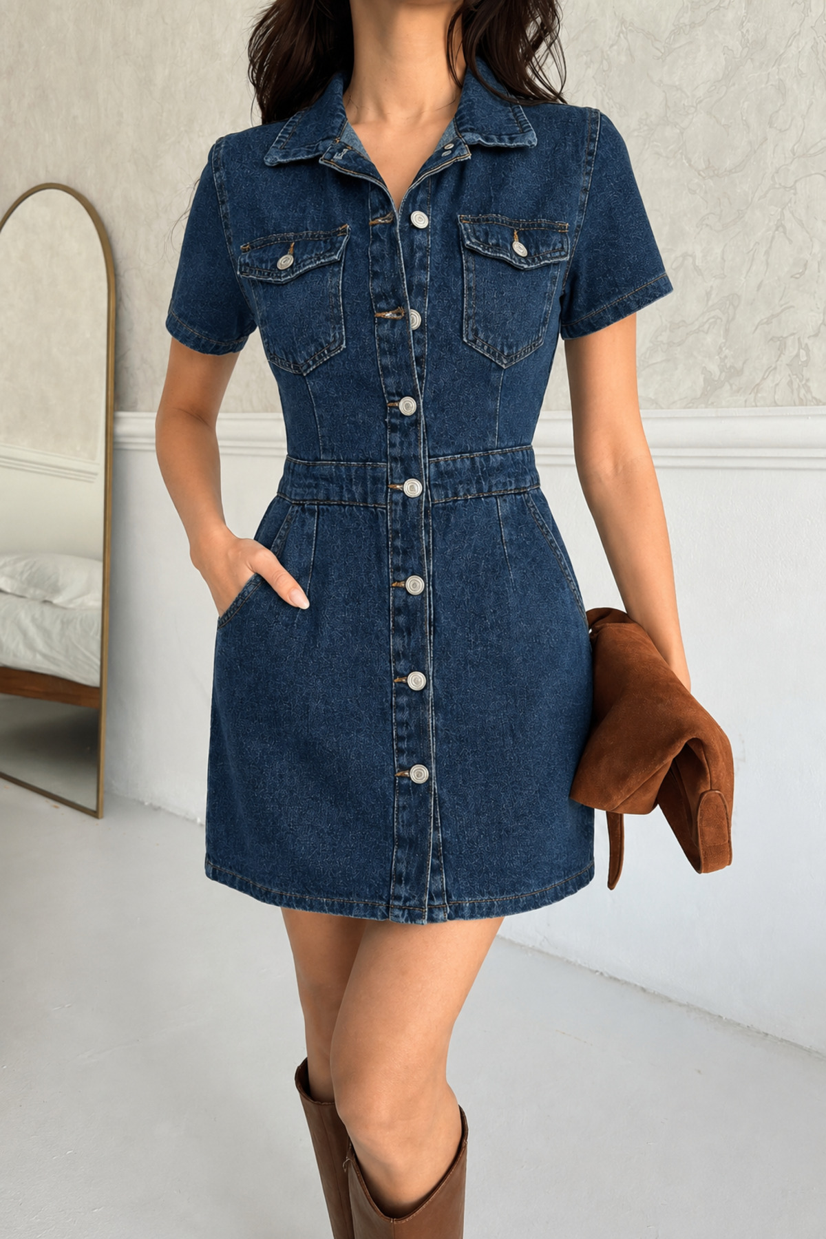 KENE JEANS ÖN ARKA PENSLİ DÜĞME KAPAMALI KOYU MAVİ ELBİSE görsel 3