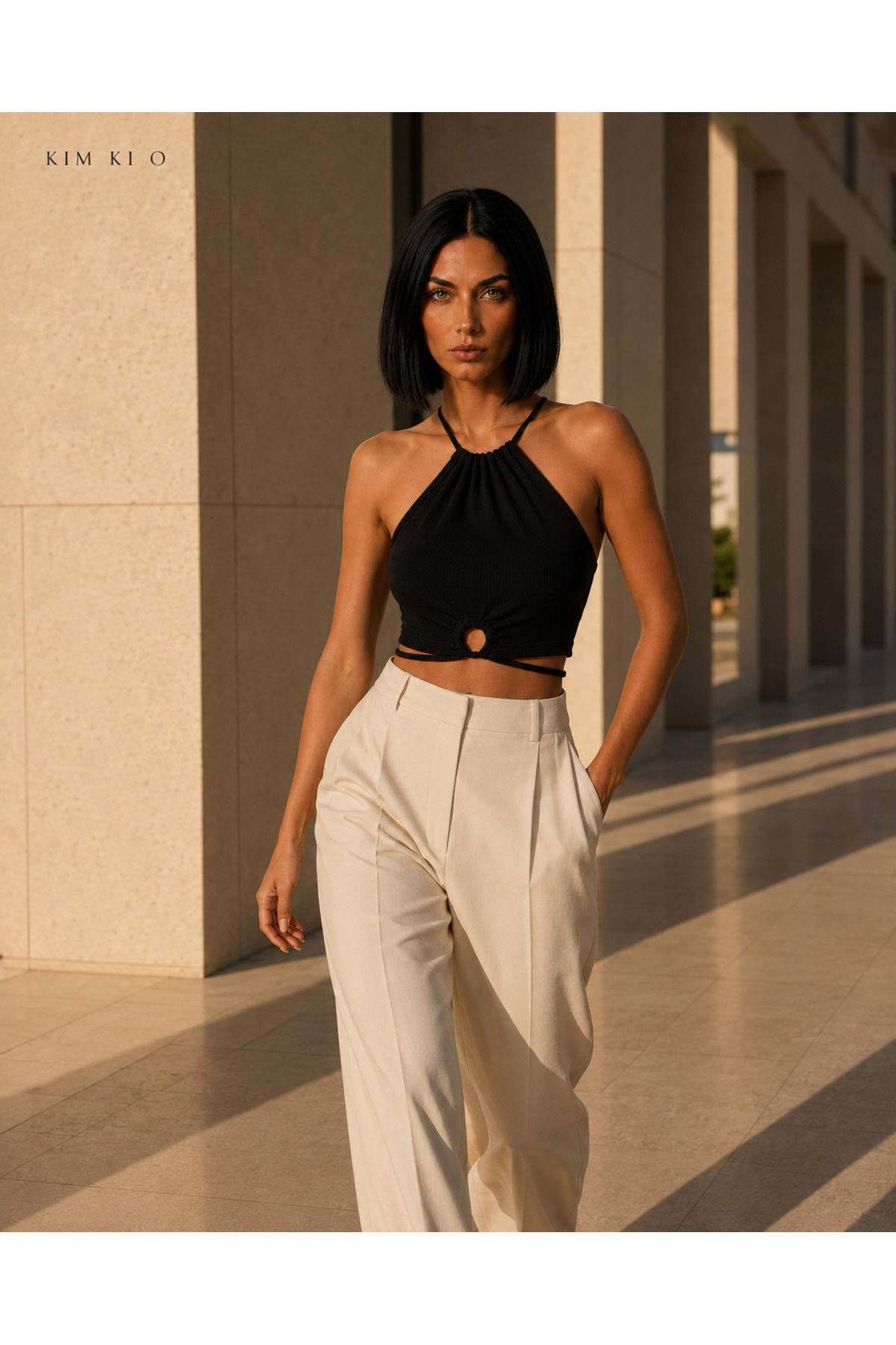 KİM Kİ O Kadın Halter Yaka Ön Halkalı Bağlamalı Kaşkorse Crop Top görsel 6