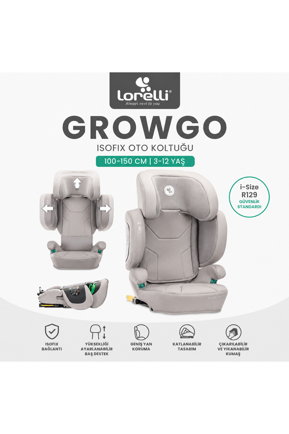 LORELLİ GrowGo i-Size ISOFIX Katlanabilir Oto Koltuğu (100-150 cm | 3-12 Yaş) - Gri