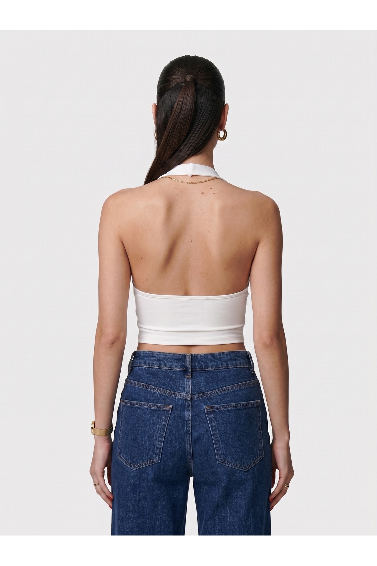 Kadın Halter Yaka Dar Kalıp Sırt Dekolteli Slim Fit Basic Body - Beyaz 4