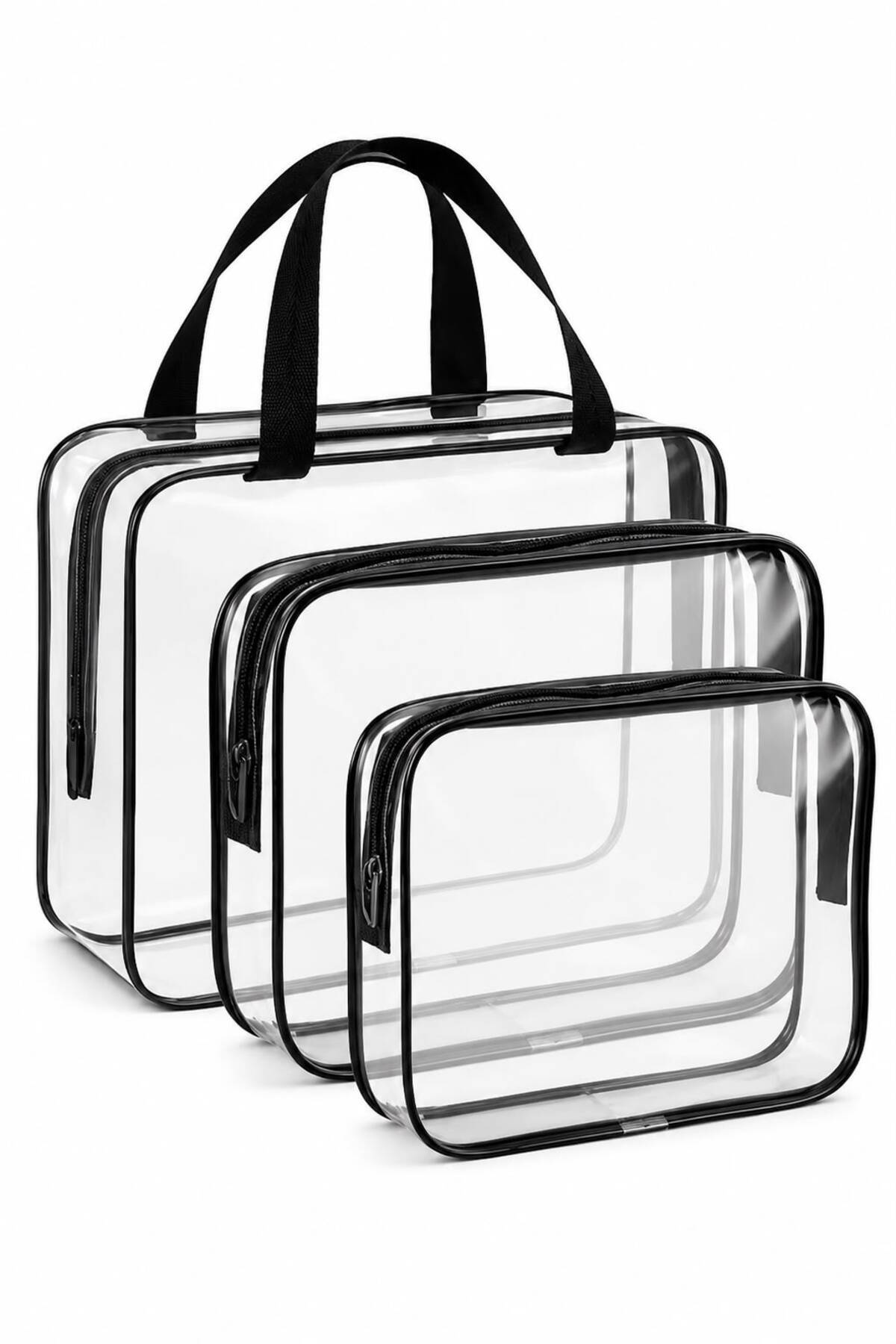 3’lü Şeffaf Makyaj Çantası Seti PVC Kozmetik Organizer Seti Bavul İçi Düzenleyici Set Seyahat Çantası — بی‌رنگ BAMBUS3LÜMAKYAJSET — تصویر 8 از 8