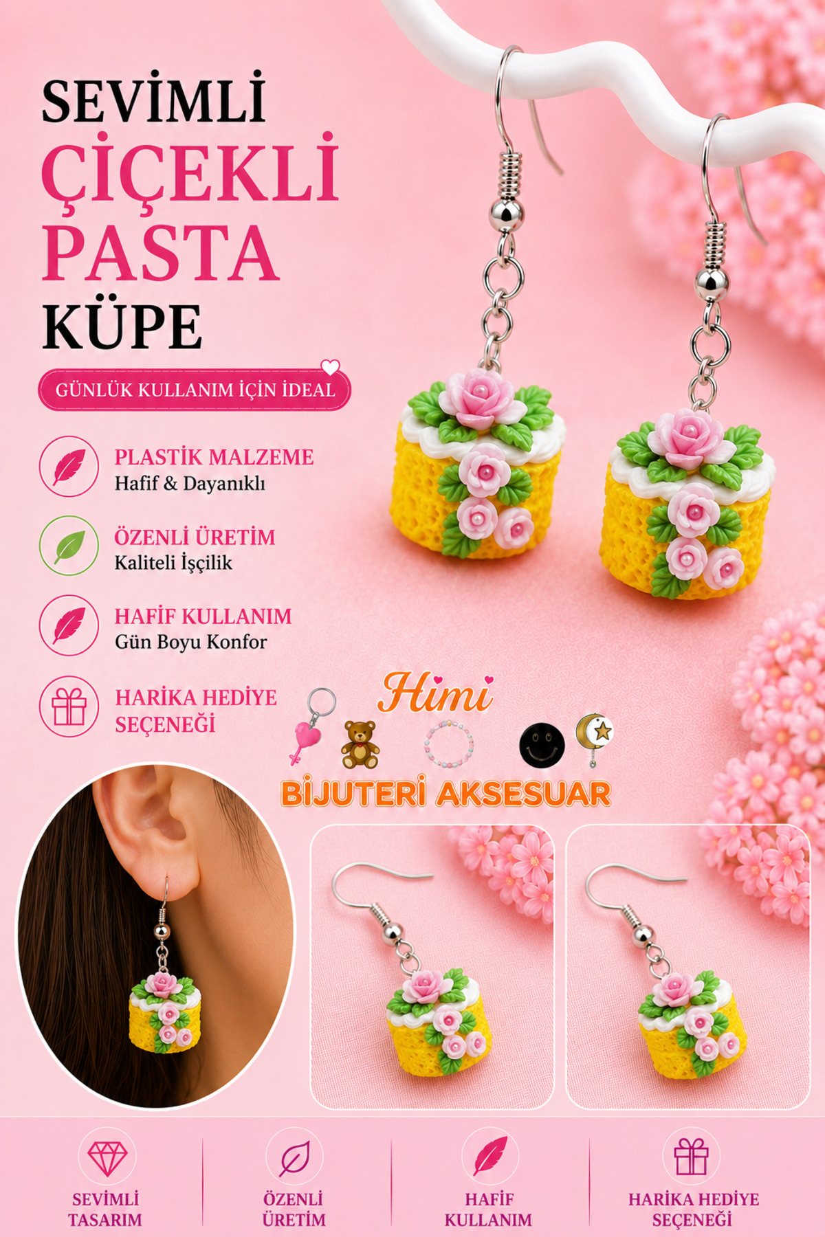 Çiçekli Pasta Neşeli Sevimli Figürlü Sallantılı Küpeler Hafif Tasarım Günlük Kullanım Bijuteri Çocuk Küpesi