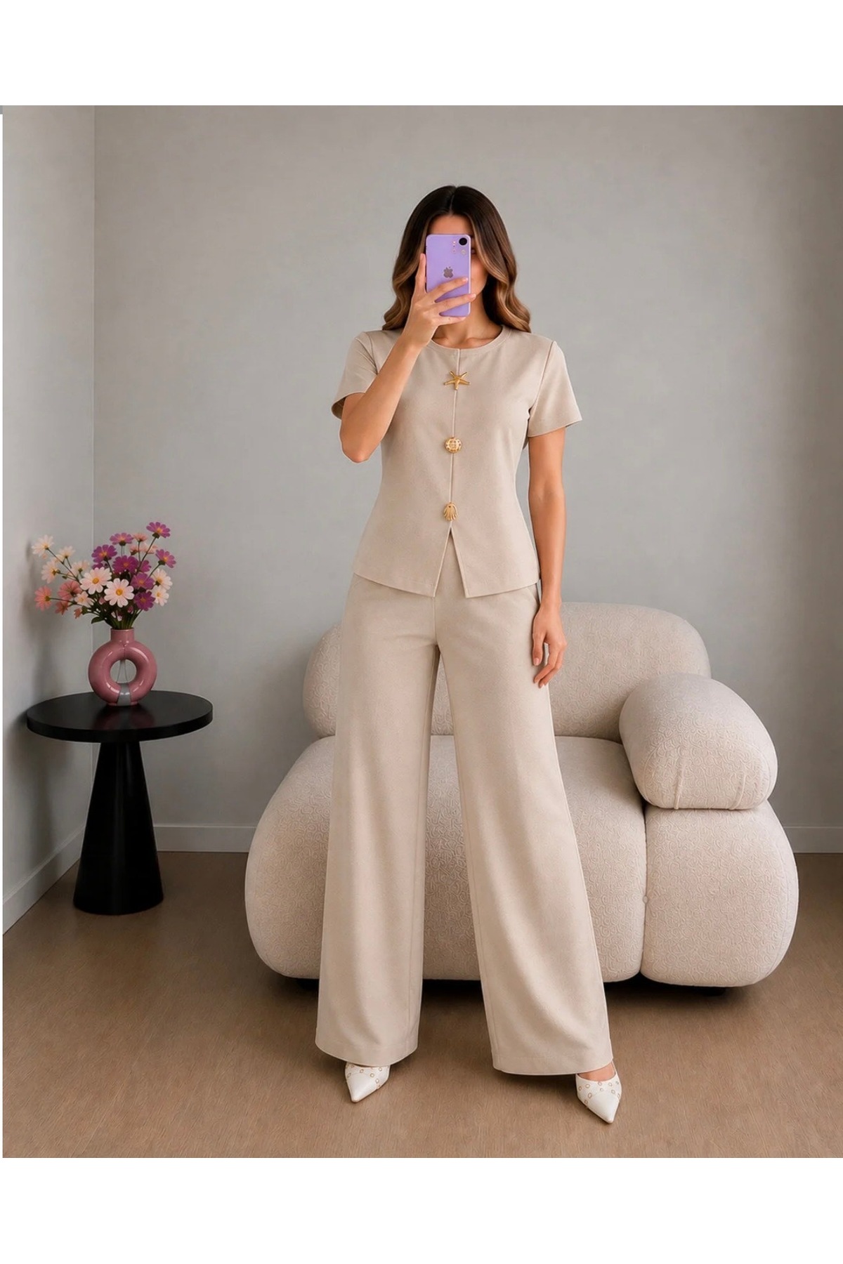 Cream Gold Star Accessory Blouse Pants Set