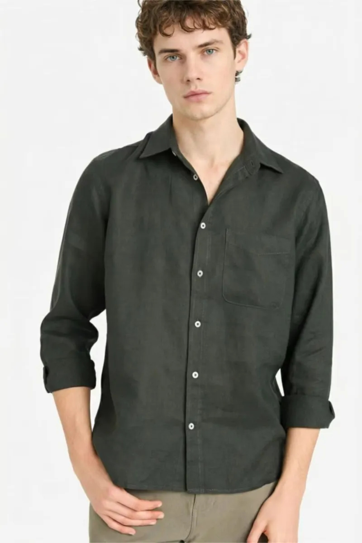 %100 Keten Regular Fit Gömlek G0788AX26SM — سبز — تصویر 3 از 6