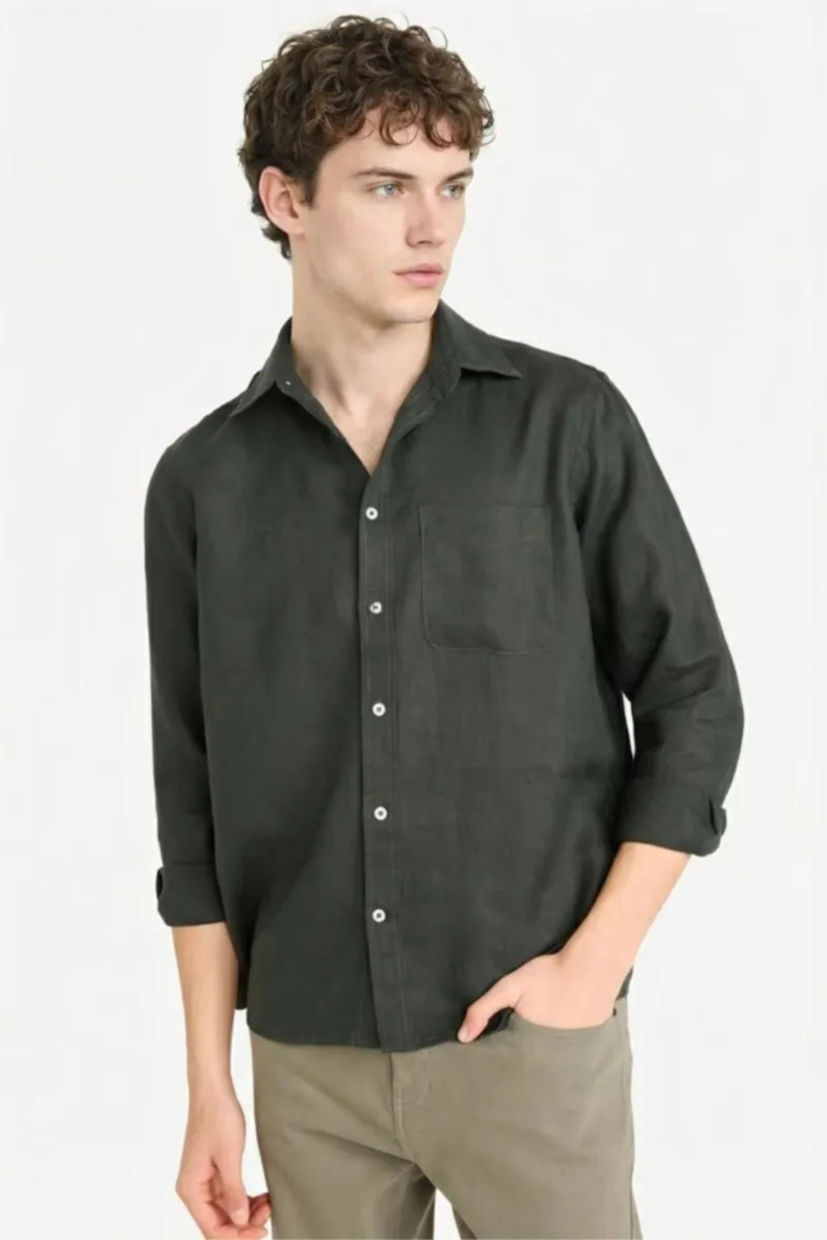 %100 Keten Regular Fit Gömlek G0788AX26SM — سبز — تصویر 4 از 6