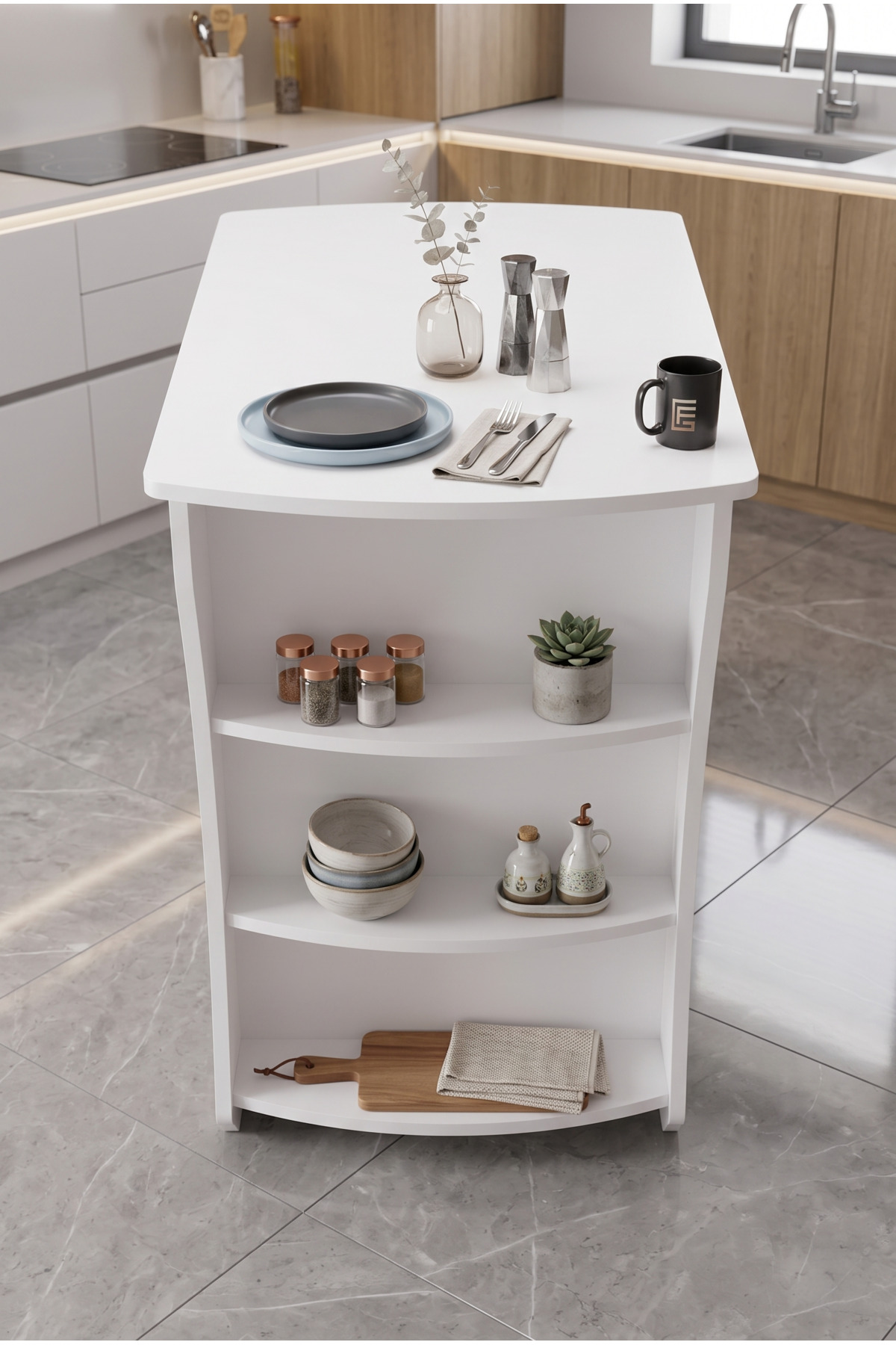 Mutfak Masası Mutfak Adası Ada Masa Bar Masası Kahvaltı Masası Raflı Çok Amaçlı Dolap Modern Masa 120x60 cm 9837 Beyaz görsel 3