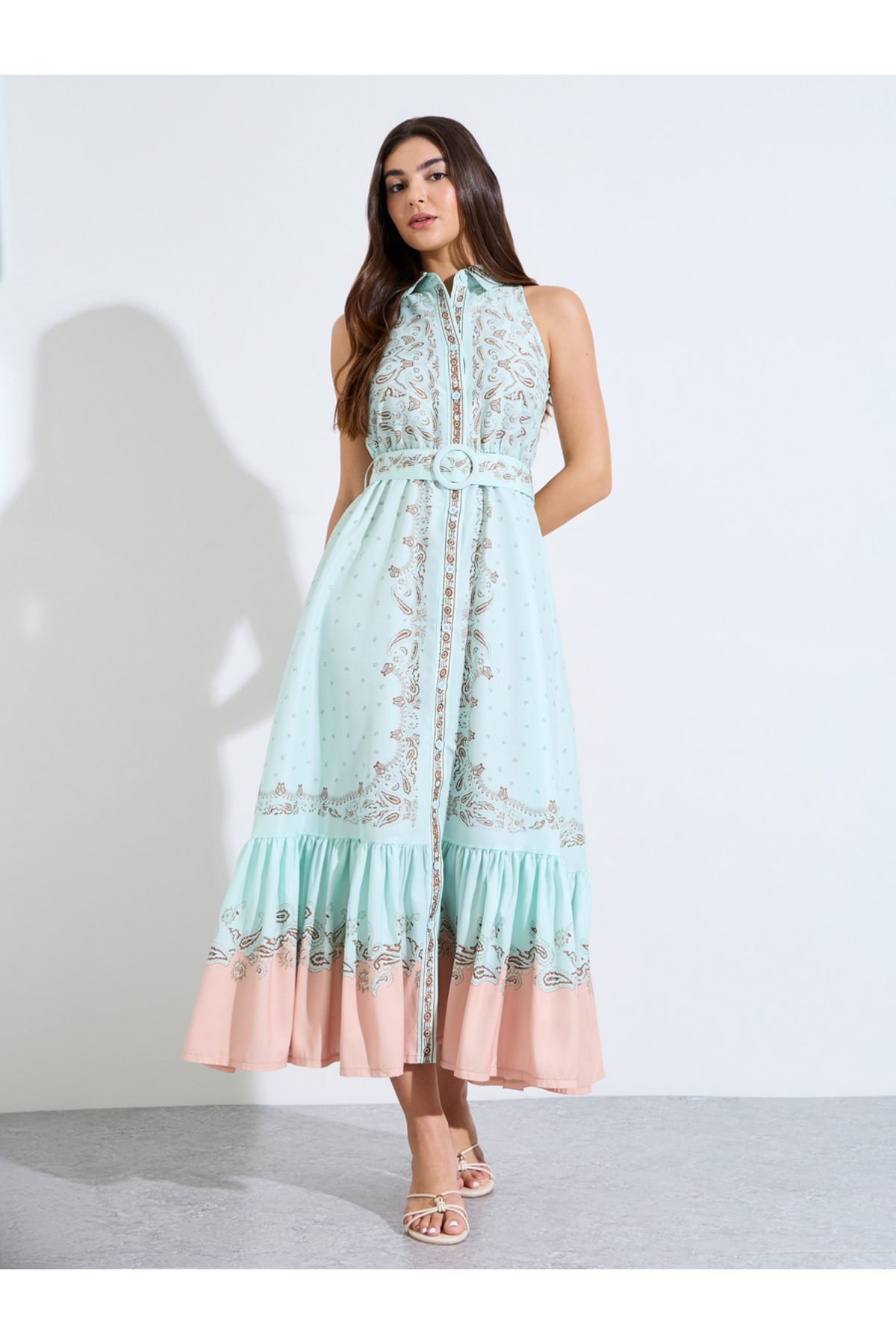 Styli Green Paisley Print Maxi Dress With Belt