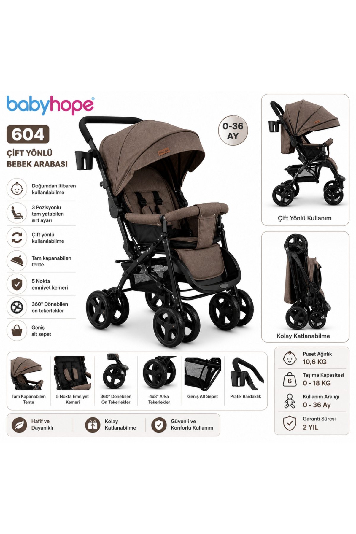 Hazal 604 Puset Çift Yönlü Babyhope Kahverengi