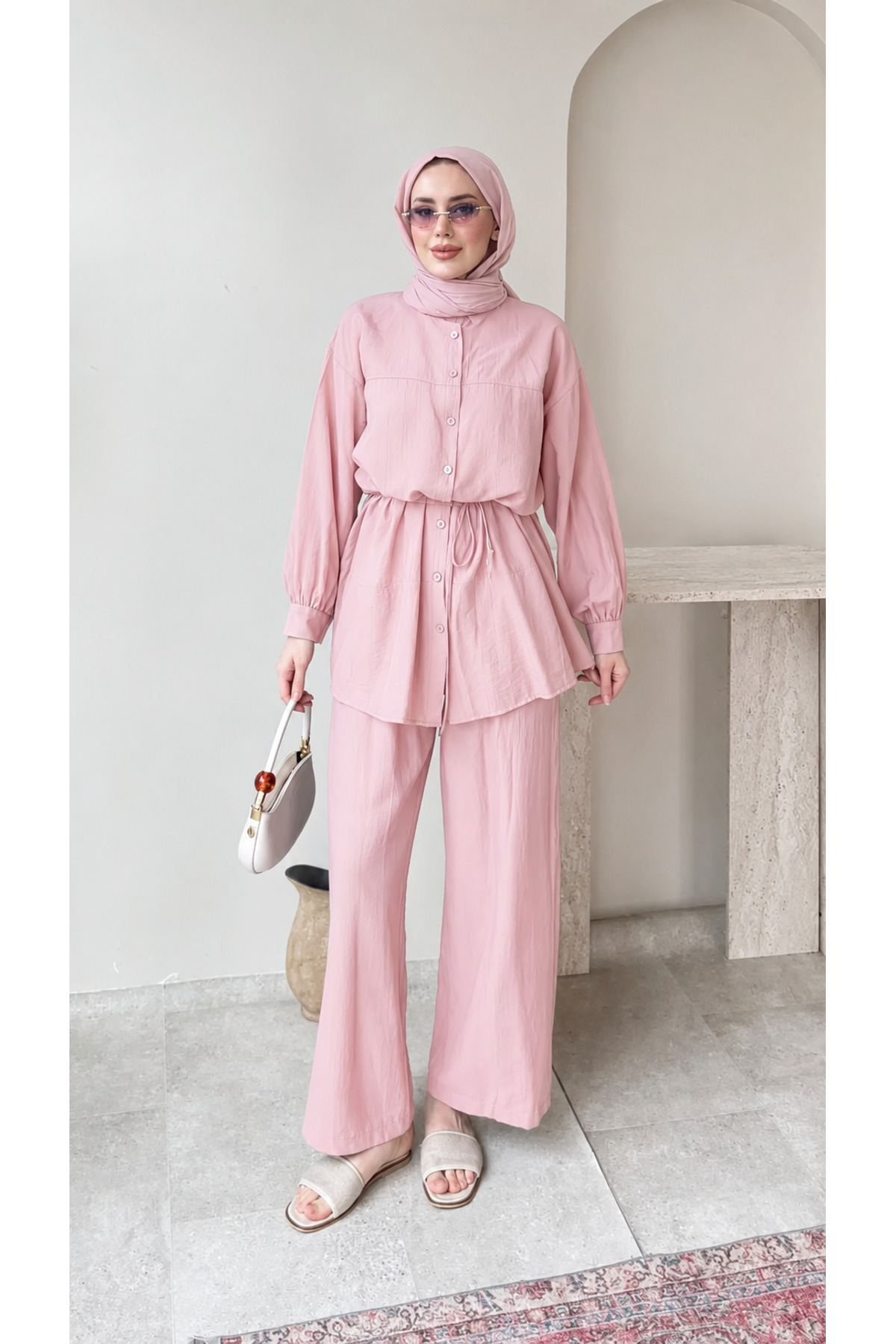 Miraydın Butik Women's Belted Tunic Trouser Set M6034 - Pink