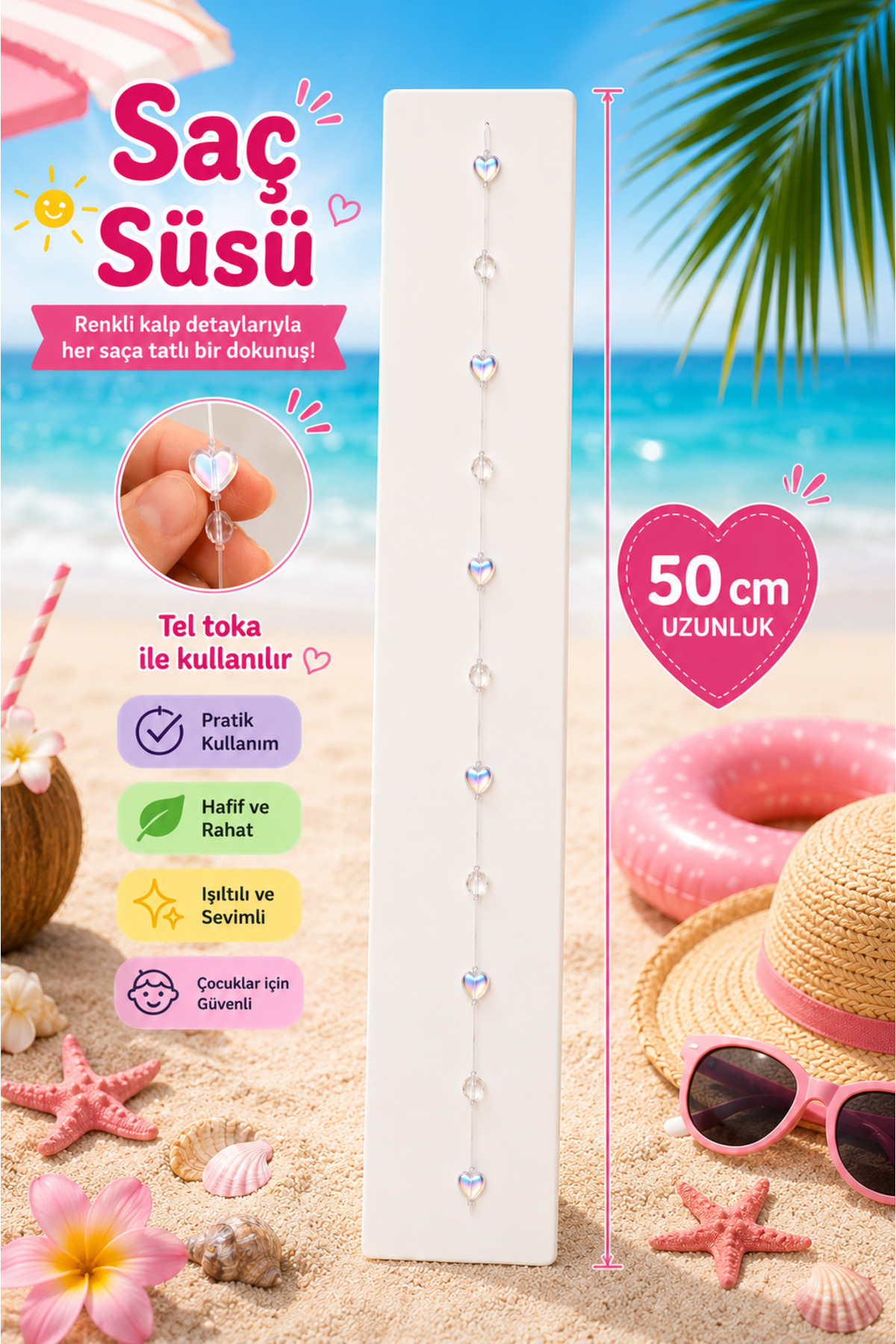 Rhea Company Işıltılı Kalp Boncuklu Çocuk Saç Süsü - 50 cm (Pratik Tel Tokalı) görsel 2
