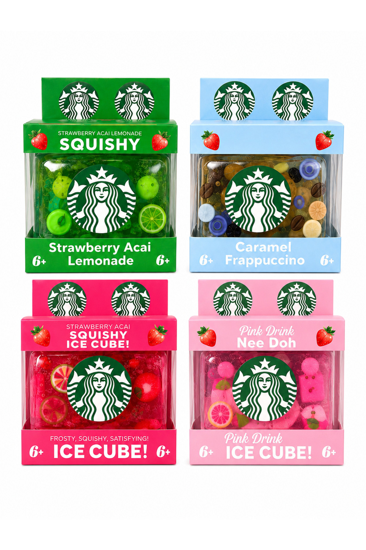 Generic Starbucks Inspired Nee Doh Squishy Ice Cube 4 Pack - Stress Relief Fidget Toy | Strawberry Acai Lemonade, Caramel Frappuccino, Pink Drink, Ice Cube
