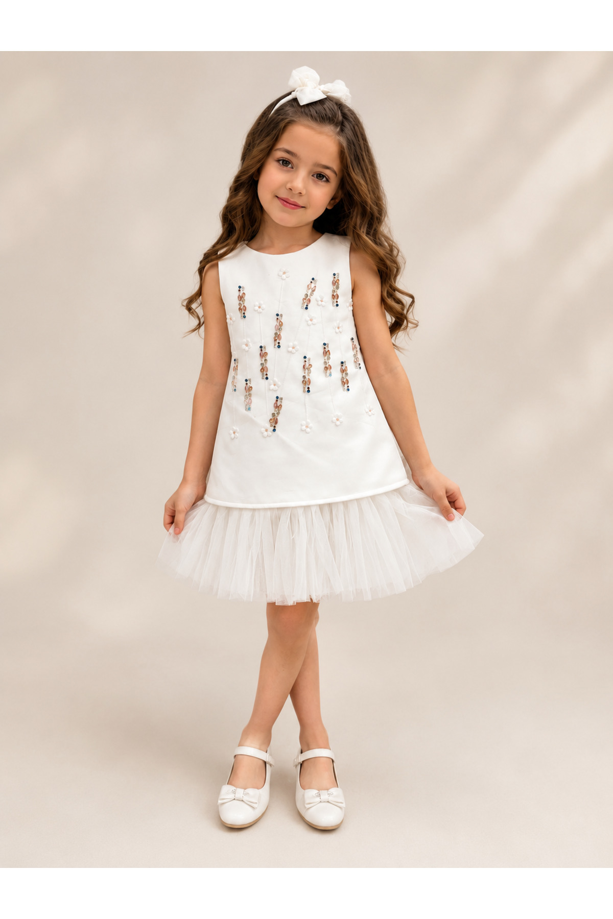 Girls Pearl Embellished Party Dress with Soft Tulle Hem – Ivory White