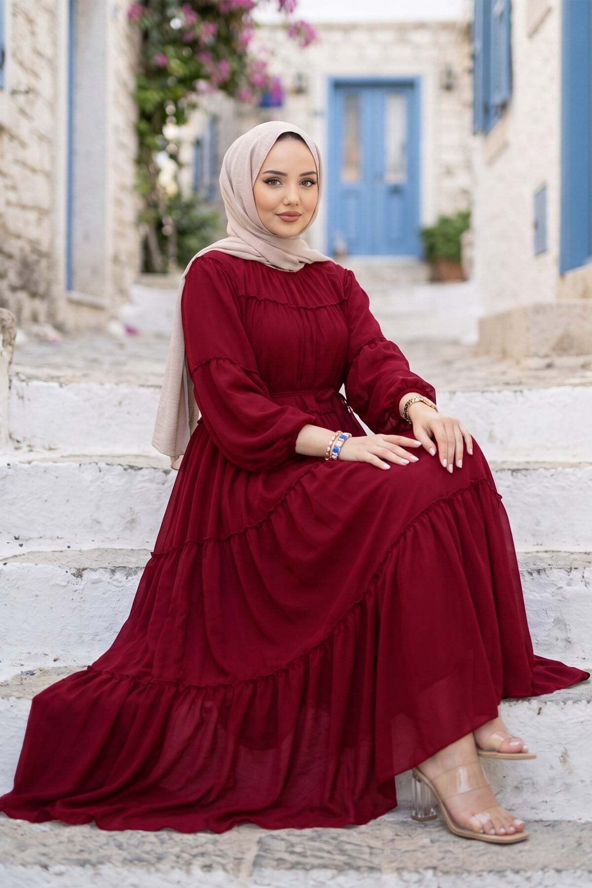 hafsamina Tie Waist Ruffle Detailed Lined Chiffon Dress Red Hm2942
