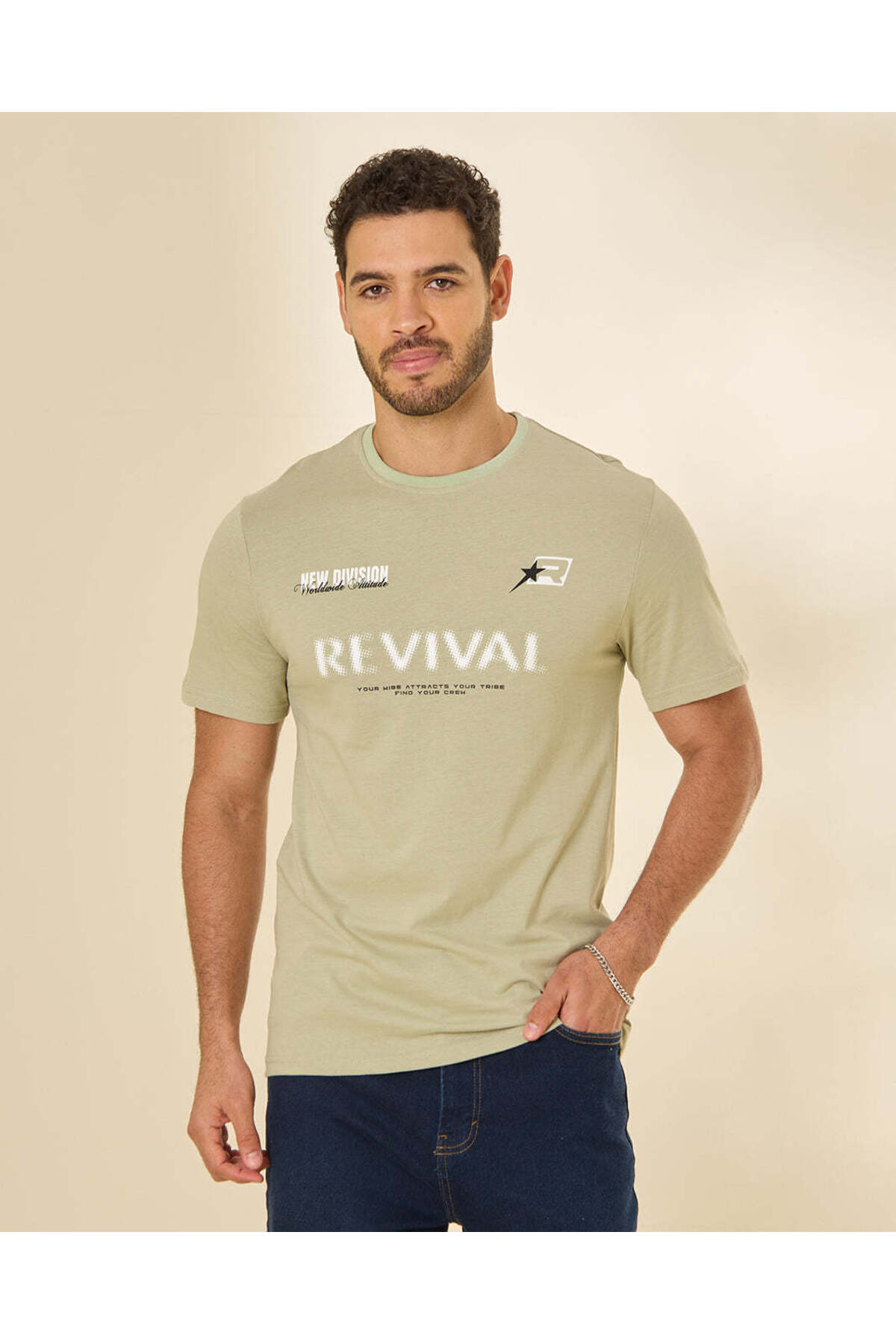 REDTAG Men Beige Printed T-Shirt